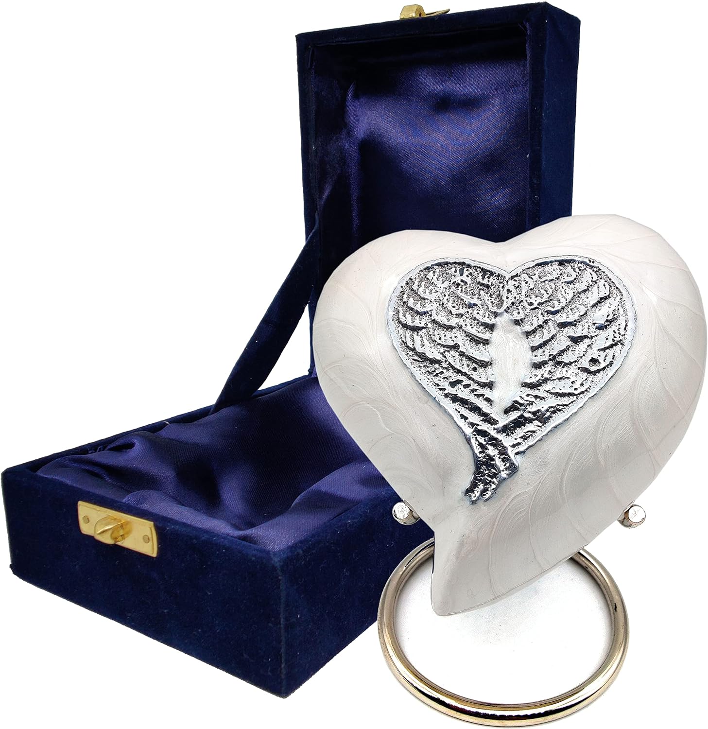 Heart-Shaped White Cremation Urn | Decorative Angel Wings Design | Handcrafted Keepsake | Stand & Gift Box Included (White Wing) - Image 3