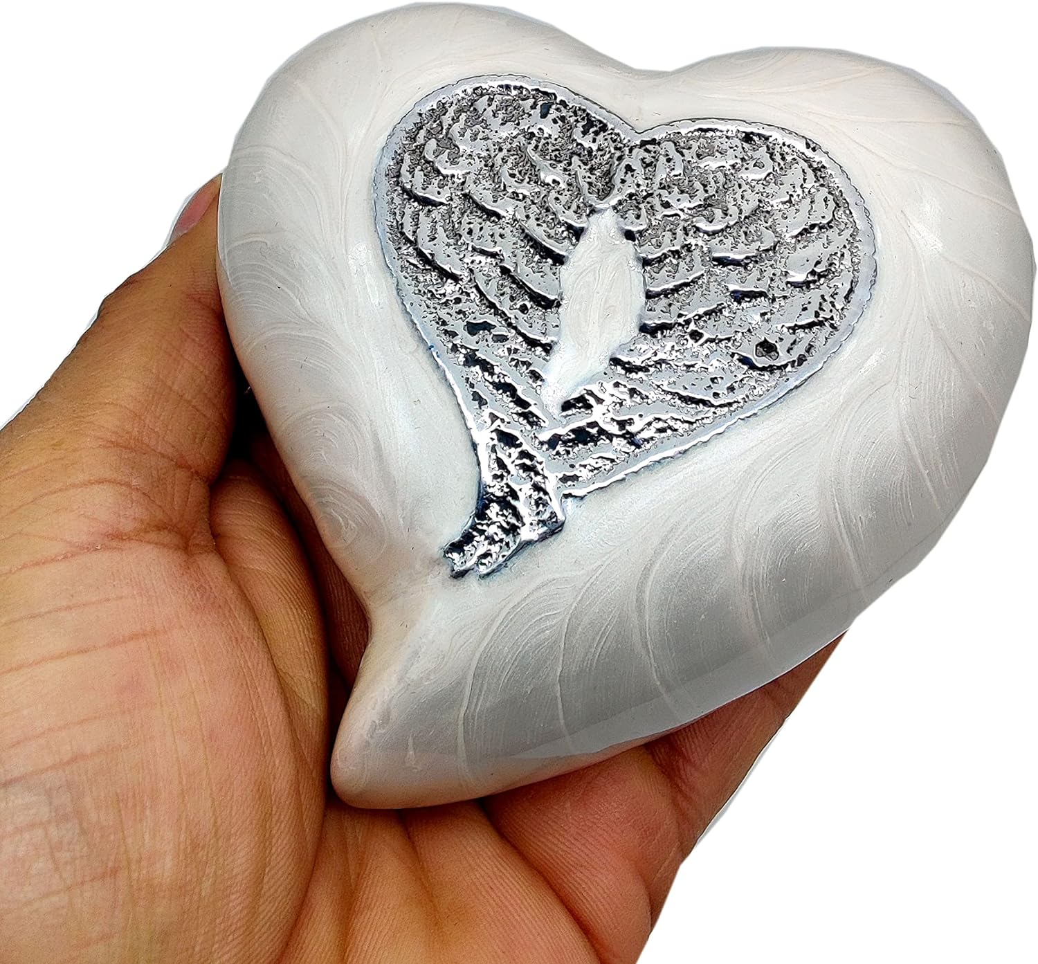 Heart-Shaped White Cremation Urn | Decorative Angel Wings Design | Handcrafted Keepsake | Stand & Gift Box Included (White Wing) - Image 2