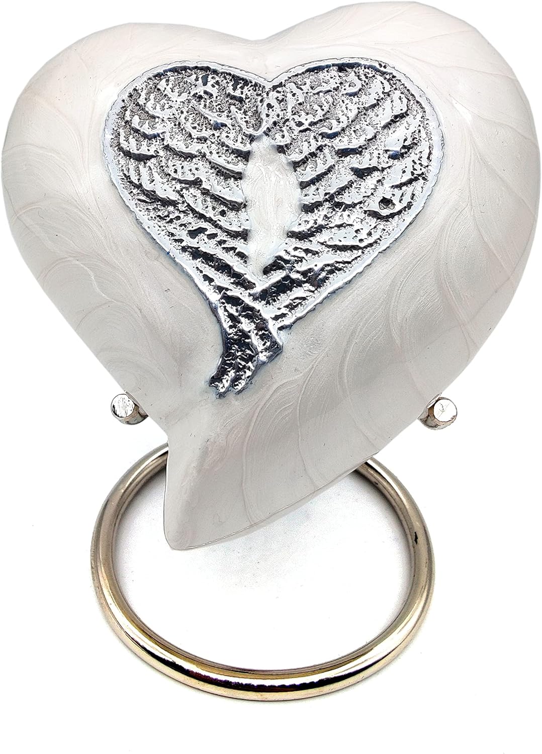 Heart-Shaped White Cremation Urn | Decorative Angel Wings Design | Handcrafted Keepsake | Stand & Gift Box Included (White Wing)
