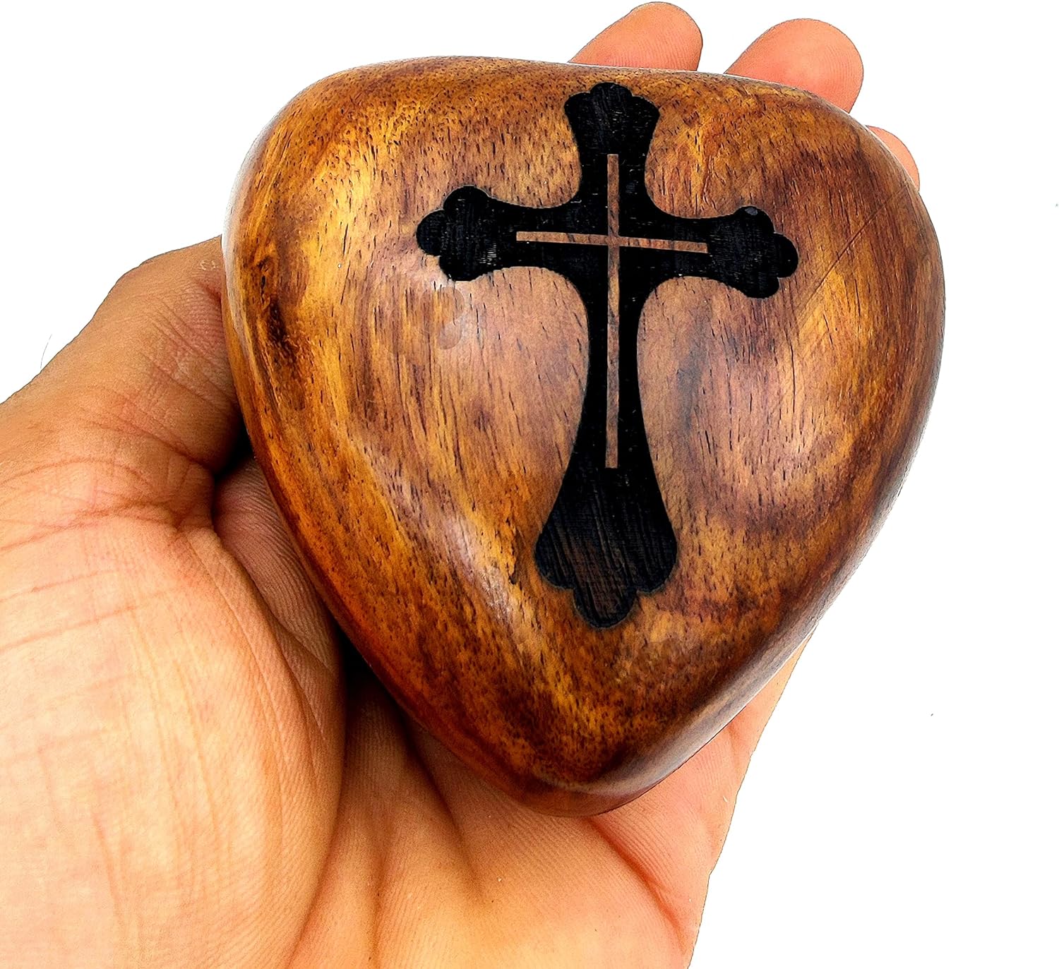Wooden Heart-Shaped Keepsake Cremation Urn for Human or Pet Ashes | Handcrafted | Perfect for Adults & Infants | Brass Stand Included | Cross Engraving - Image 2