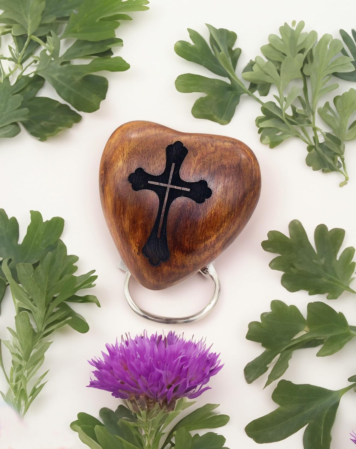 Wooden Heart-Shaped Keepsake Cremation Urn for Human or Pet Ashes | Handcrafted | Perfect for Adults & Infants | Brass Stand Included | Cross Engraving - Image 4