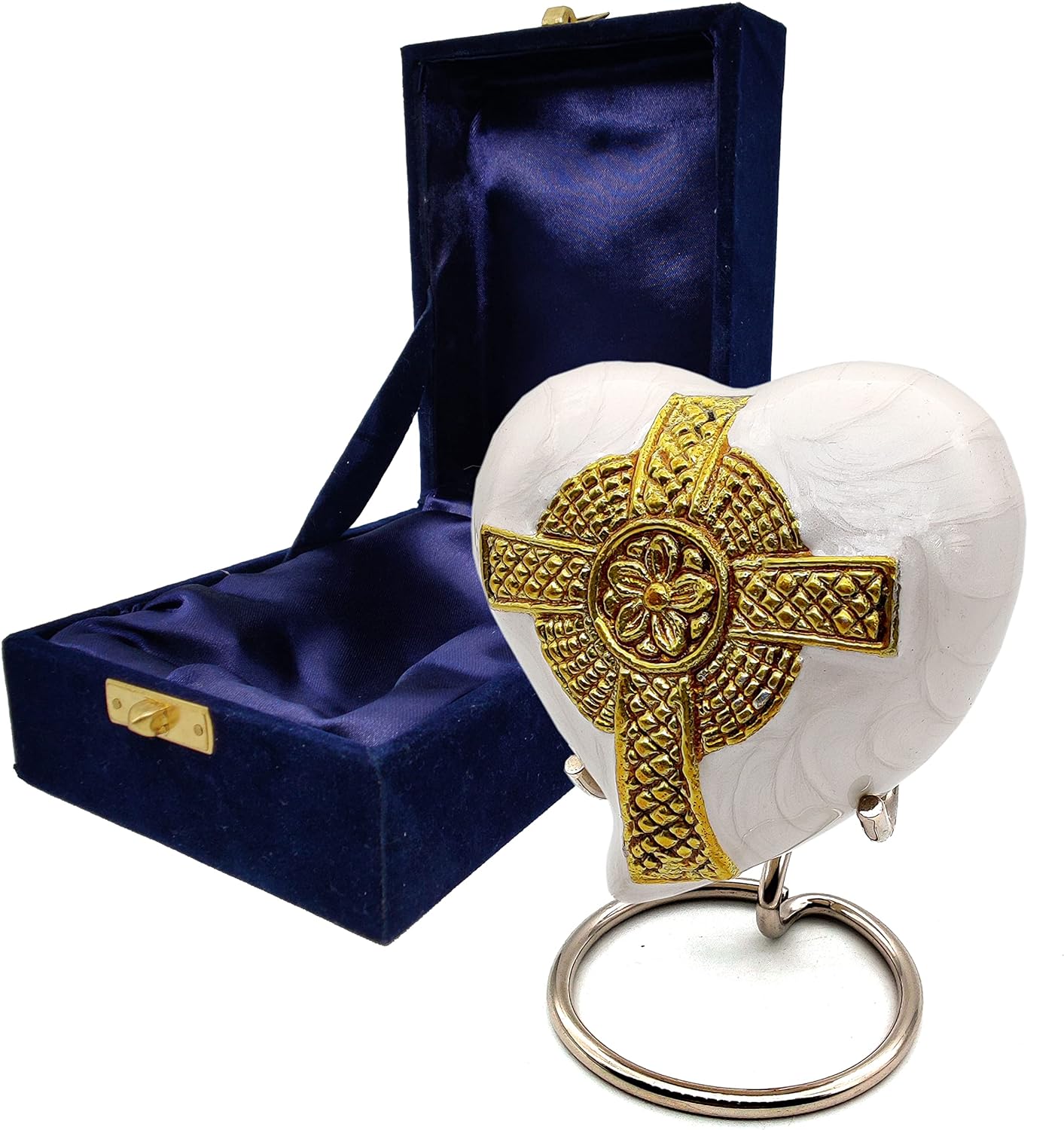 Jesus Cross Heart Keepsake Urn | Mini Ash Cremation Small Urn for Adults & Infants | Free Velvet Box & Display Stand (White & Gold) - Image 2
