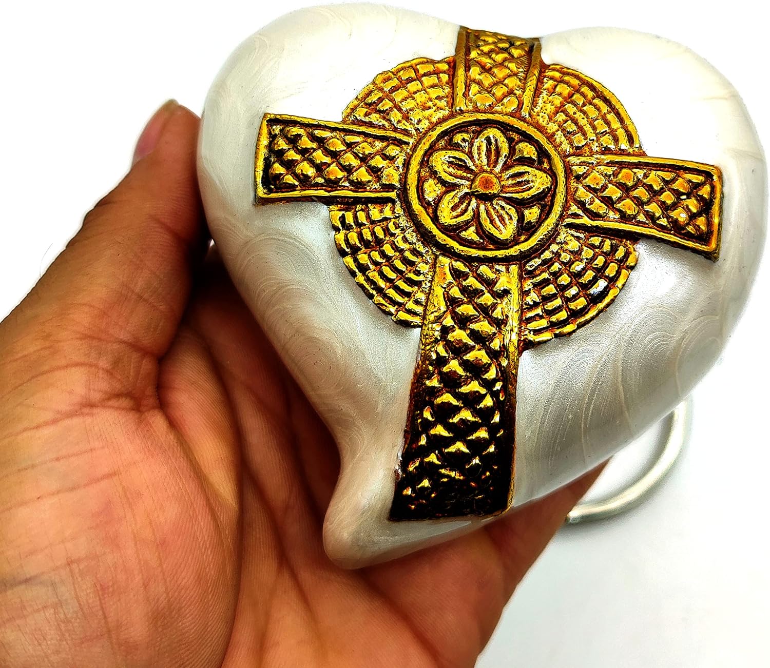 Jesus Cross Heart Keepsake Urn | Mini Ash Cremation Small Urn for Adults & Infants | Free Velvet Box & Display Stand (White & Gold) - Image 3