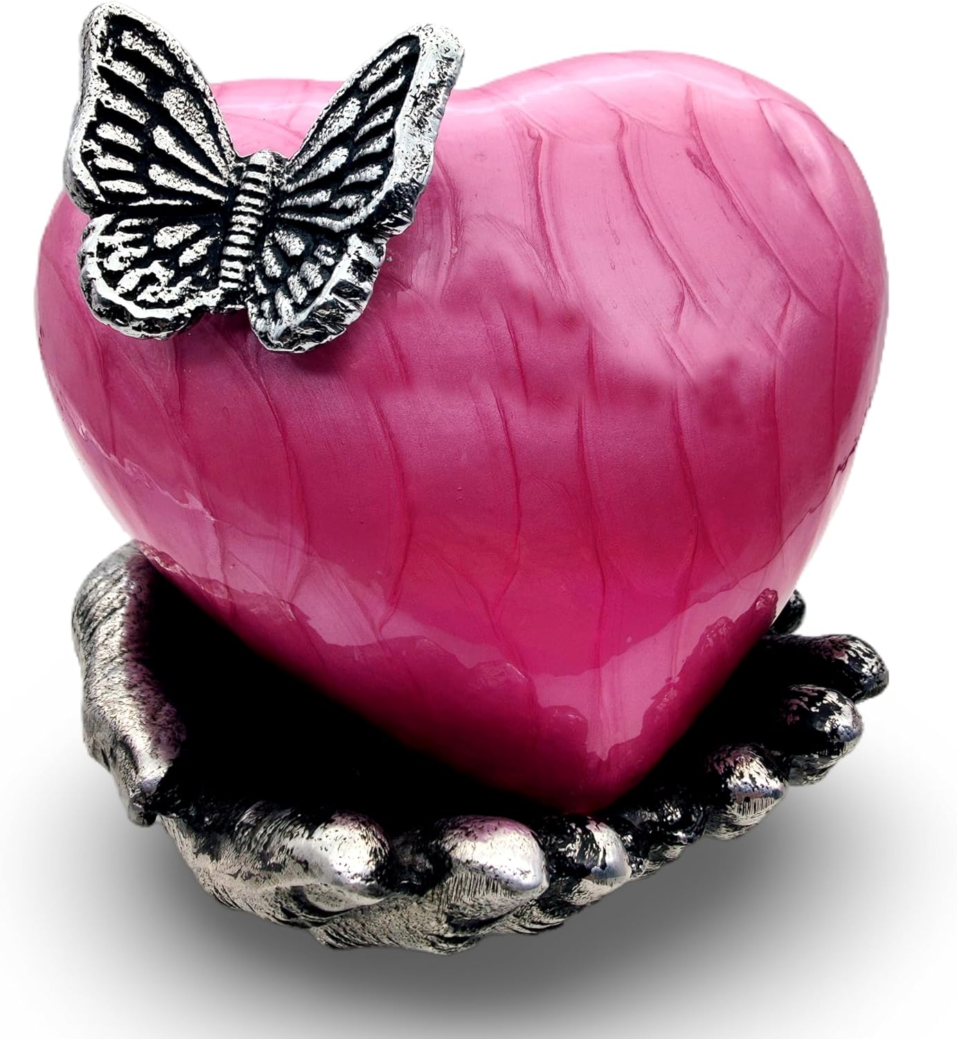Pink Butterfly Heart Cremation Urn with Hand-Shaped Stand - Memorial Ashes Keepsake for Women and Men