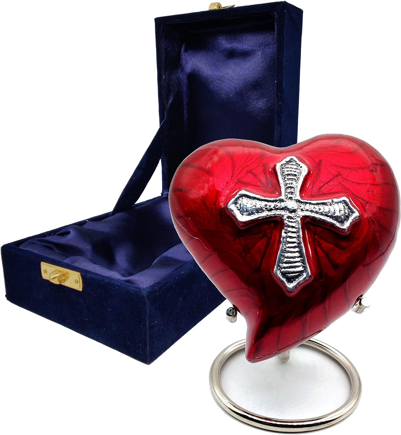 Heart Urn for Human Ashes | Red Religious Cross Cremation Urn | Mini Urn with Box & Stand | Heart-Shaped Memorial Keepsake | Honor Your Loved One - Image 3