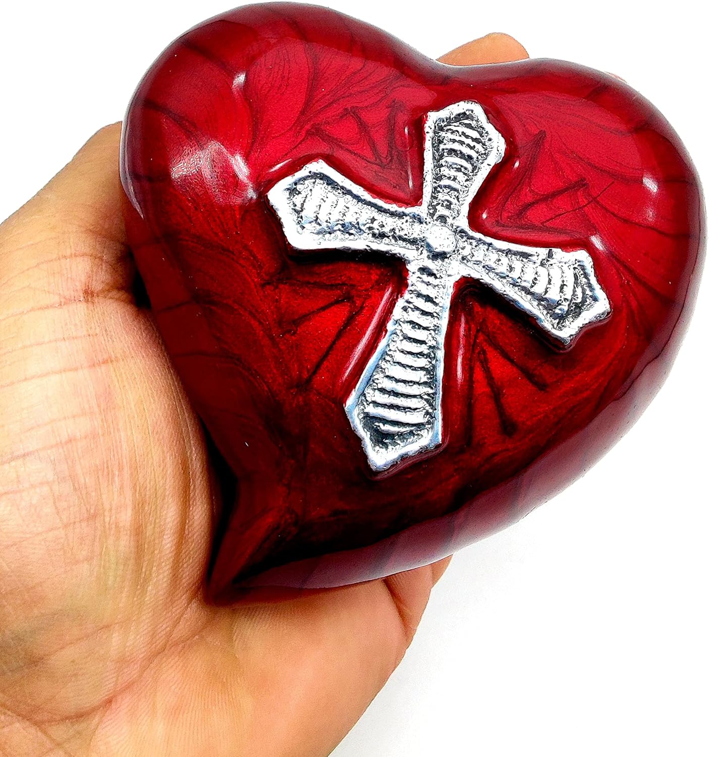 Heart Urn for Human Ashes | Red Religious Cross Cremation Urn | Mini Urn with Box & Stand | Heart-Shaped Memorial Keepsake | Honor Your Loved One - Image 2