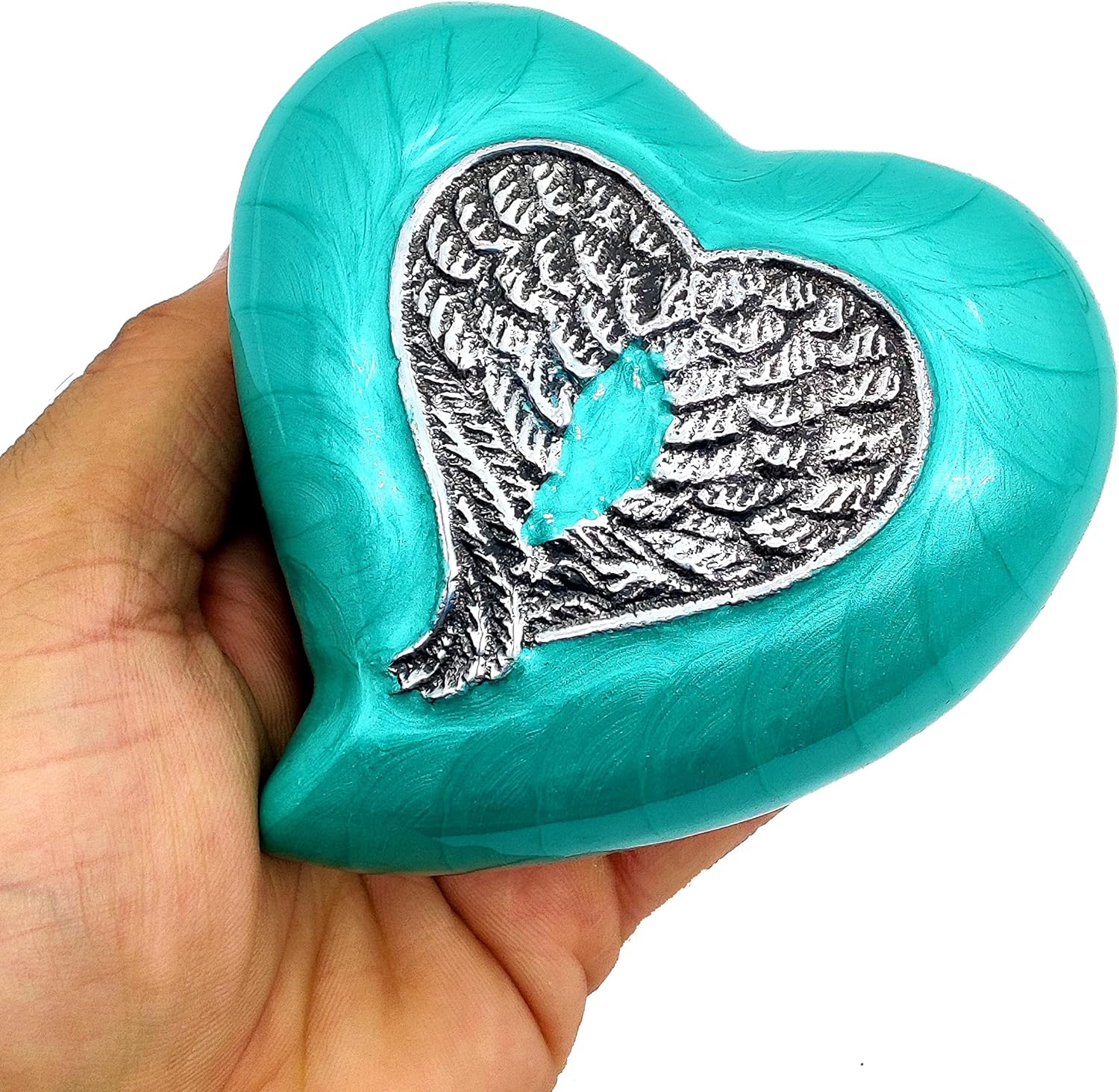 Sea Green Heart Keepsake Urn | Mini Heart Cremation Urn with Stand & Box - Image 2