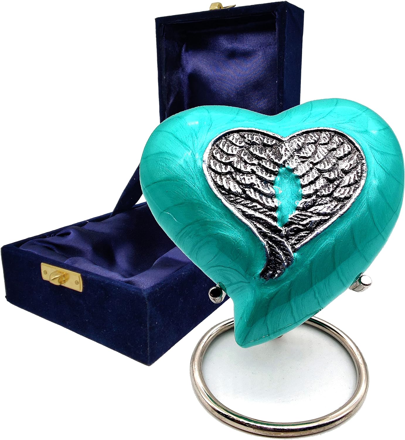Sea Green Heart Keepsake Urn | Mini Heart Cremation Urn with Stand & Box - Image 3