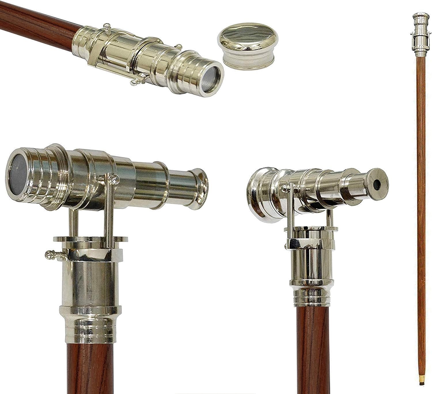 Brass Walking Stick with Vintage Telescope Handle - Foldable - Steampunk Accessories - Wooden Cane for Men and Women