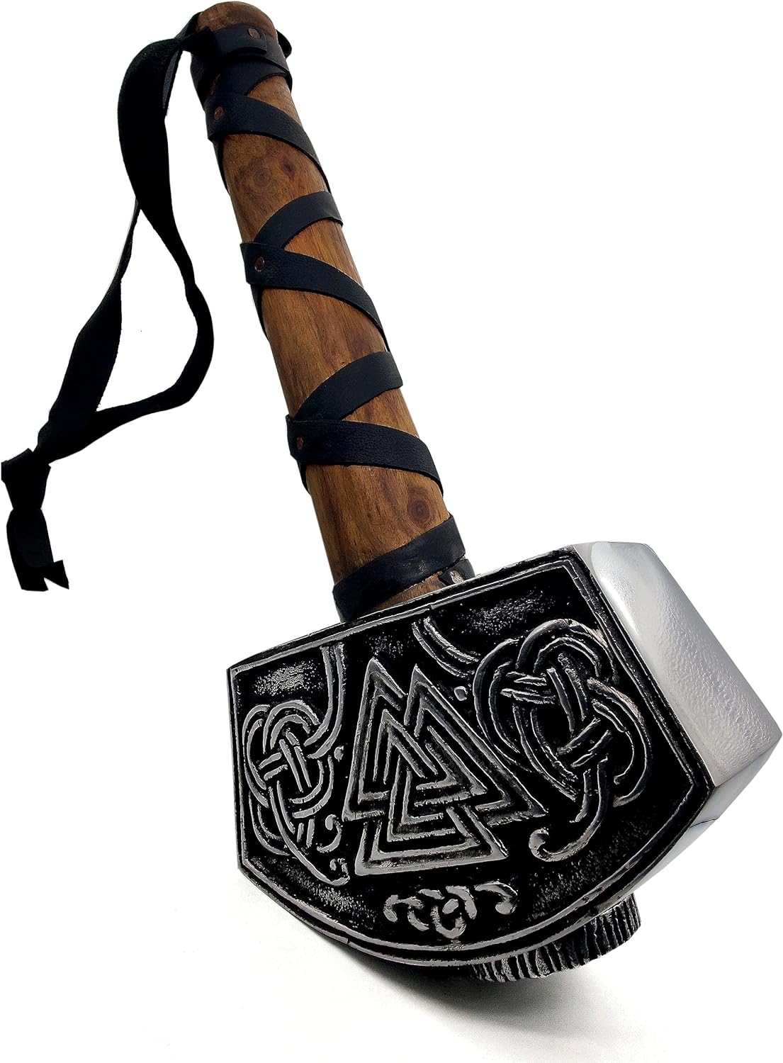 Thor Hammer Metal with Handmade Odin Engraving - Full Size 15-Inch Adult Collectible - Full Grain Leather Wrap - Gift Box Included