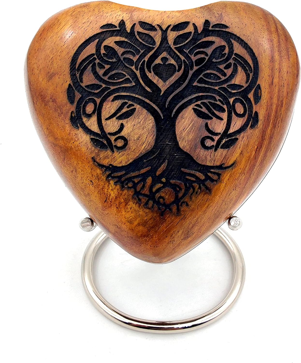 Heart-Shaped Wooden Tree of Life Engraved Keepsake Cremation Urn for Human or Pet Ashes | Handcrafted | Perfect for Adults & Infants | Brass Stand Included