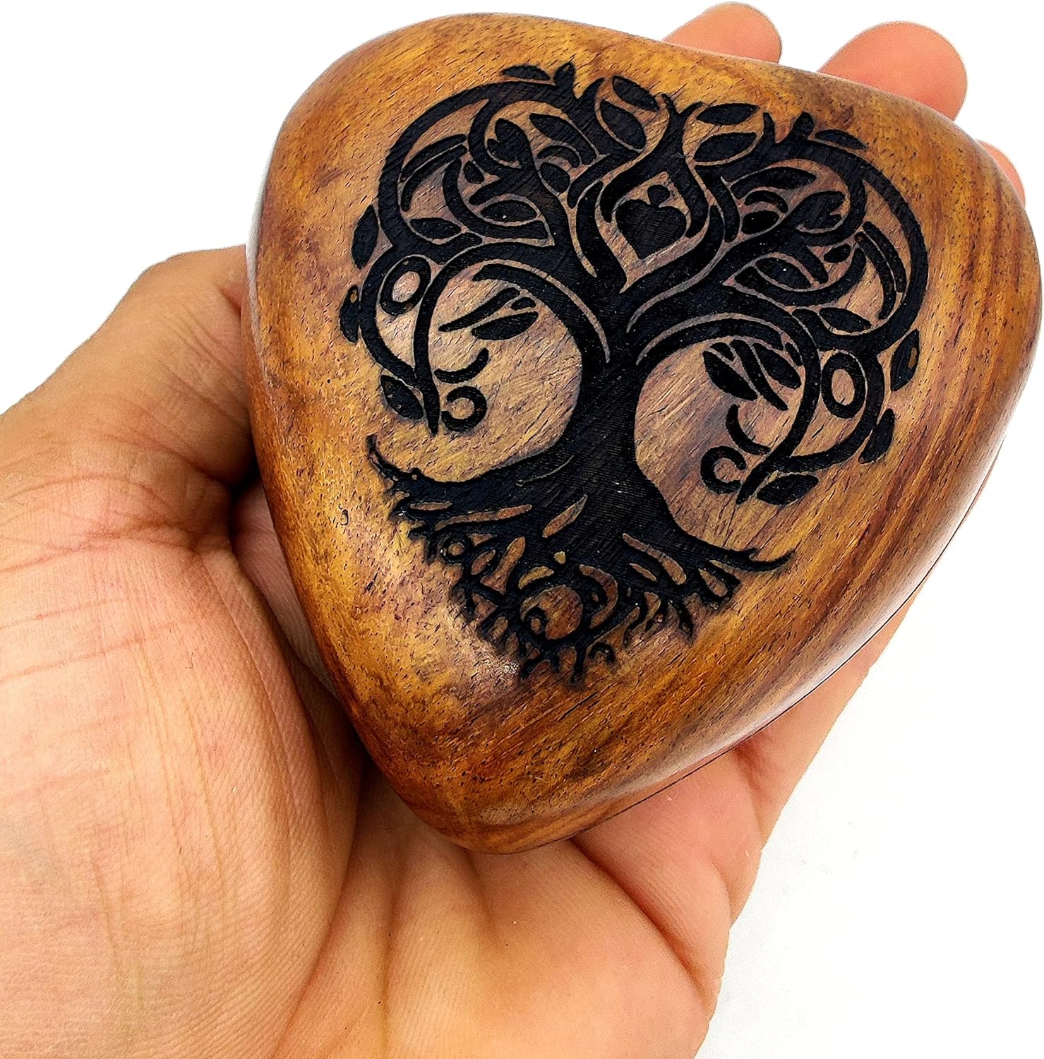 Heart-Shaped Wooden Tree of Life Engraved Keepsake Cremation Urn for Human or Pet Ashes | Handcrafted | Perfect for Adults & Infants | Brass Stand Included - Image 2