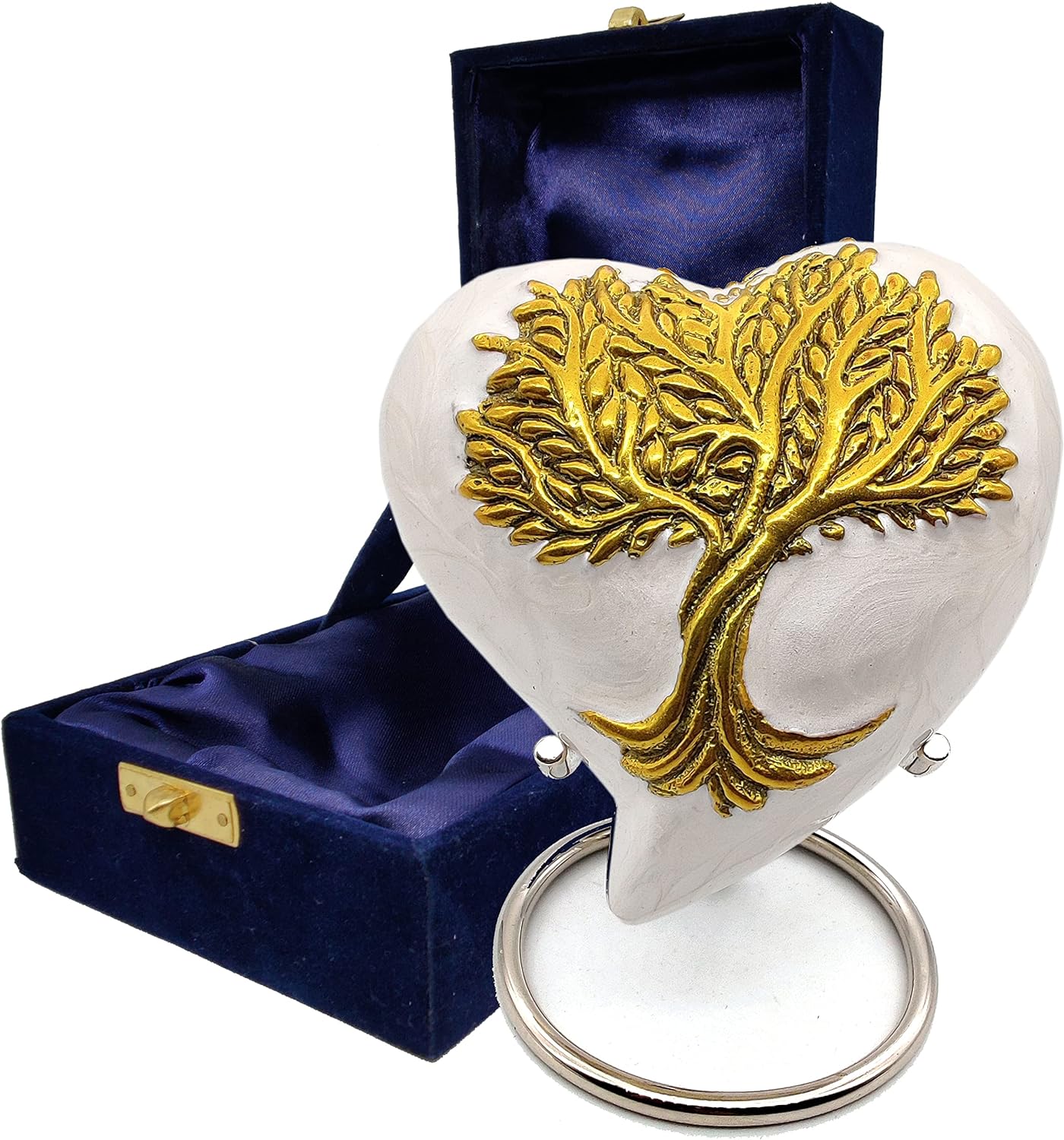 Tree of Life Heart Keepsake Urn | Mini Ash Cremation Small Urn for Adults & Infants | Free Velvet Box & Display Stand (White & Gold) - Image 3