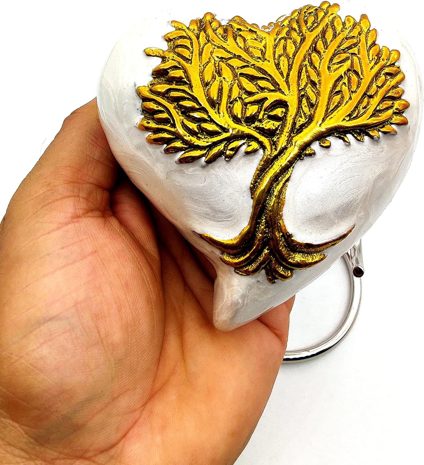 Tree of Life Heart Keepsake Urn | Mini Ash Cremation Small Urn for Adults & Infants | Free Velvet Box & Display Stand (White & Gold) - Image 2
