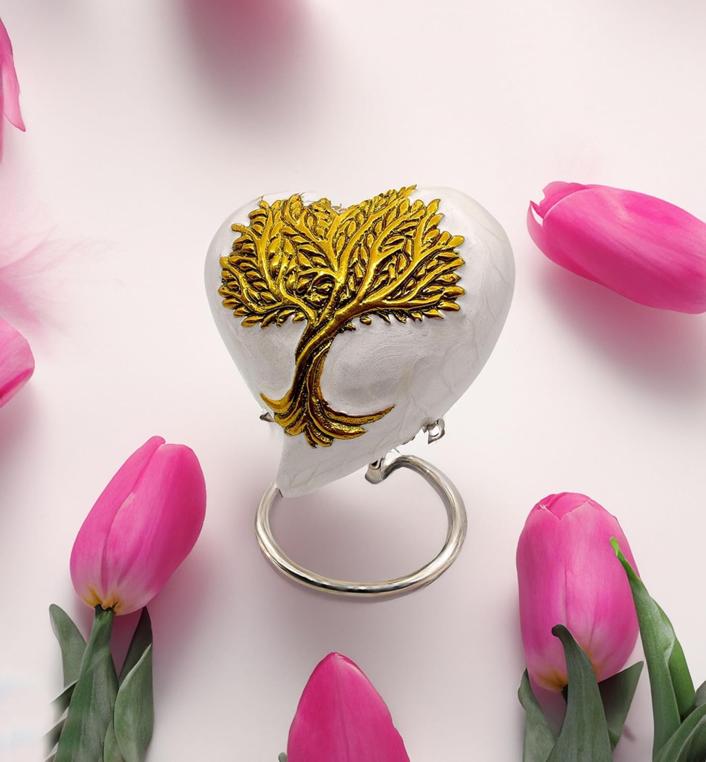 Tree of Life Heart Keepsake Urn | Mini Ash Cremation Small Urn for Adults & Infants | Free Velvet Box & Display Stand (White & Gold) - Image 4