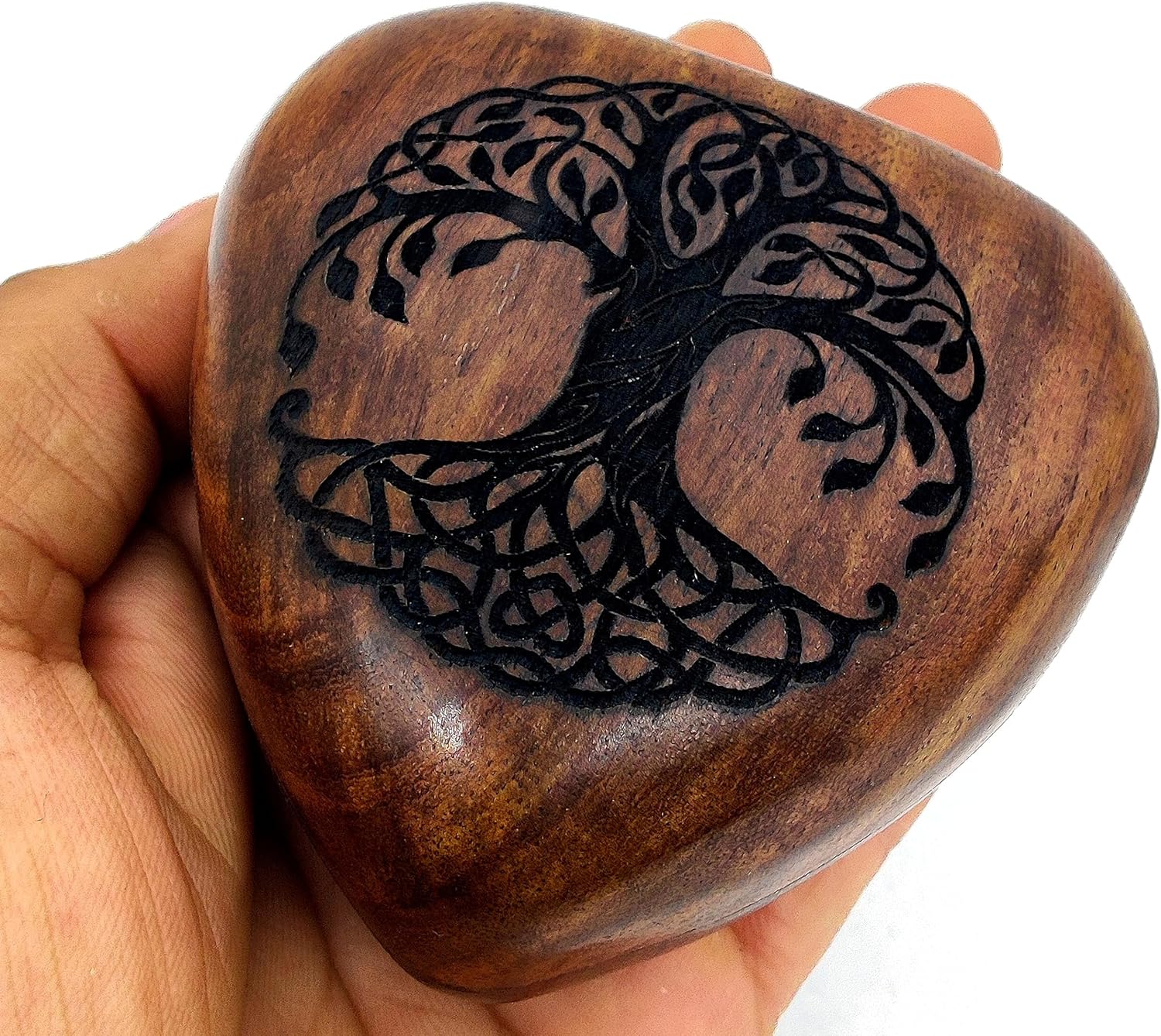 Tree of Life Wooden Heart Urn | Handcrafted Keepsake for Human or Pet Ashes | Heart Shaped | Perfect for Adults & Infants | Brass Stand Included - Image 2