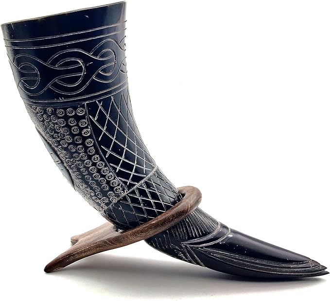 Viking Horn Drinking Mug with Stand - Handcrafted Norse Style