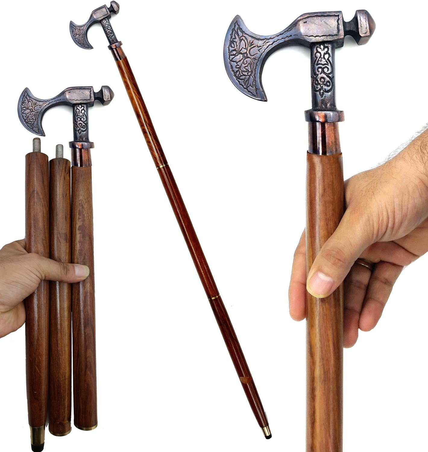 Viking Walking Stick Canes - 37" Brown Red Wood - Unique Three-Fold Design Handle - Best for Costume Men Women - Natural Wood Unisex Cane