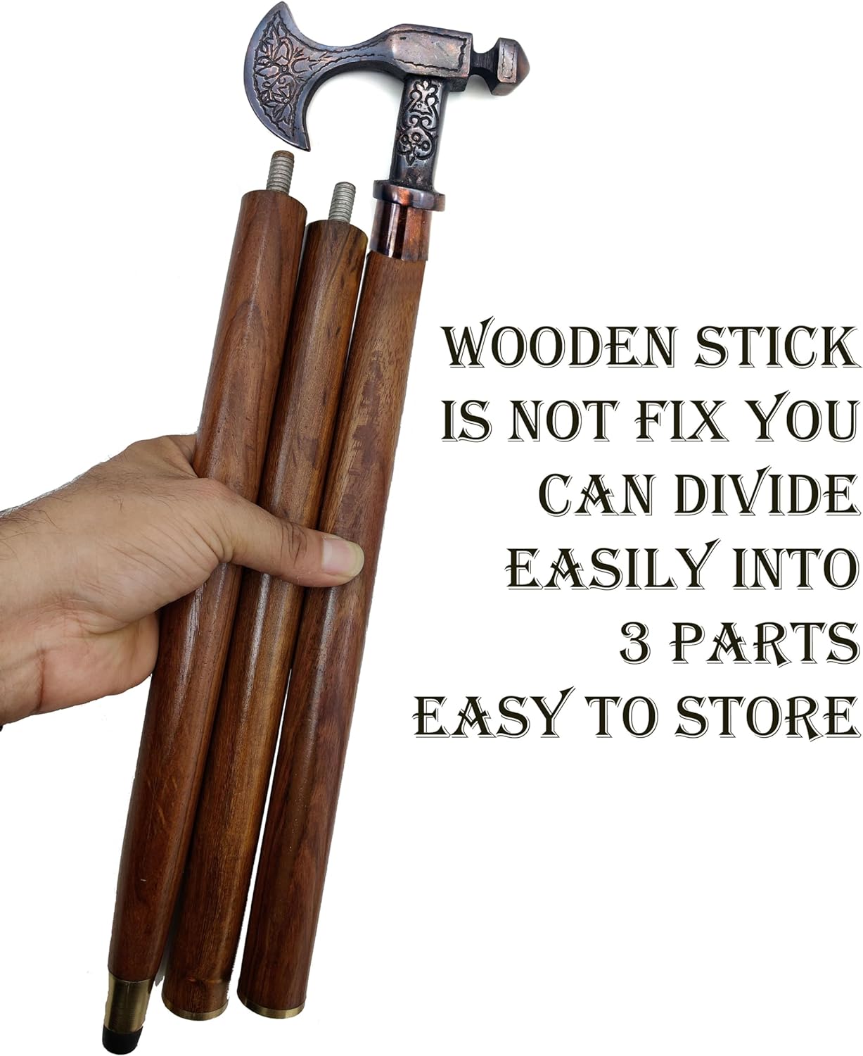 Viking Walking Stick Canes - 37" Brown Red Wood - Unique Three-Fold Design Handle - Best for Costume Men Women - Natural Wood Unisex Cane - Image 4