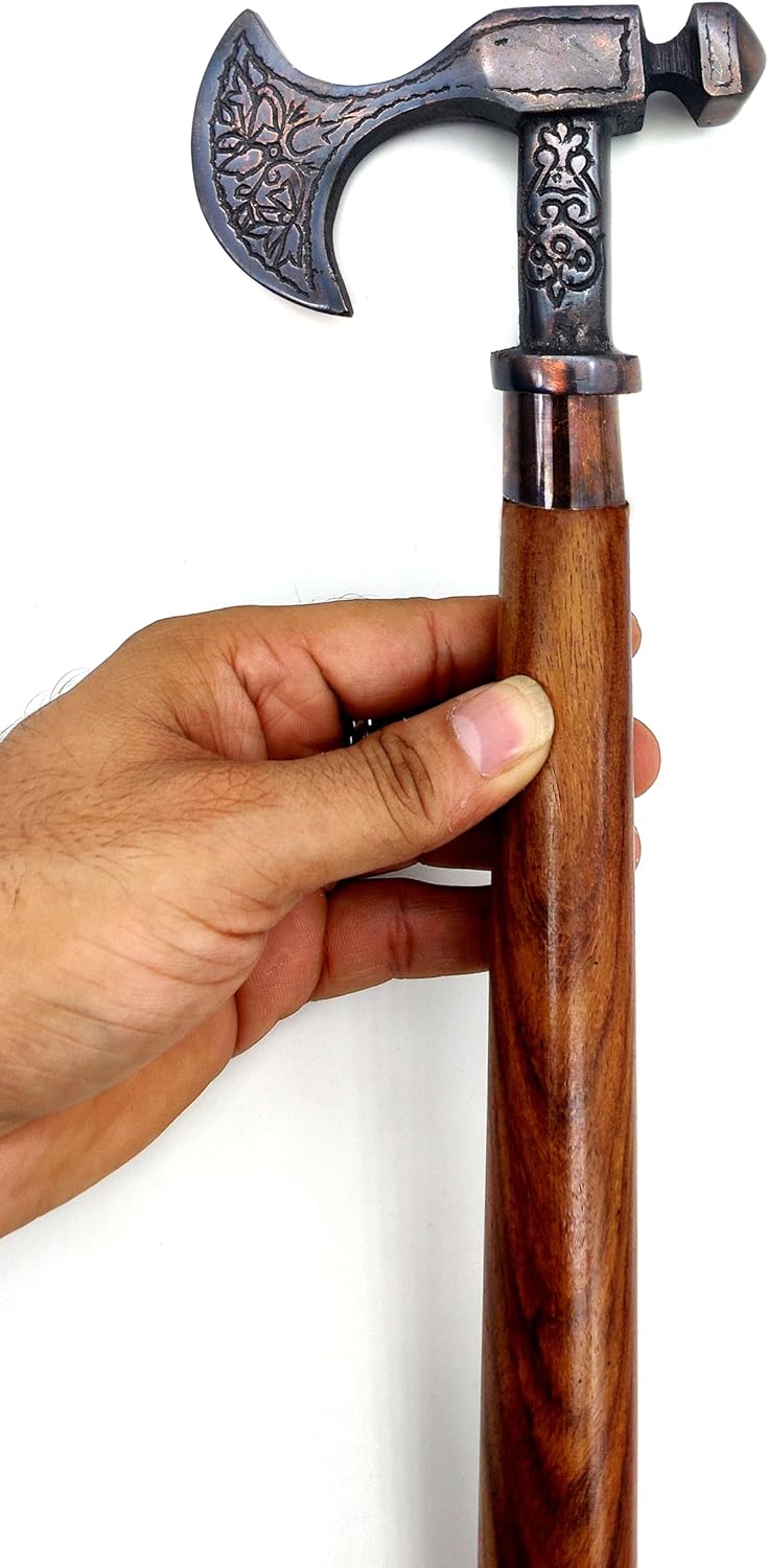 Viking Walking Stick Canes - 37" Brown Red Wood - Unique Three-Fold Design Handle - Best for Costume Men Women - Natural Wood Unisex Cane - Image 2