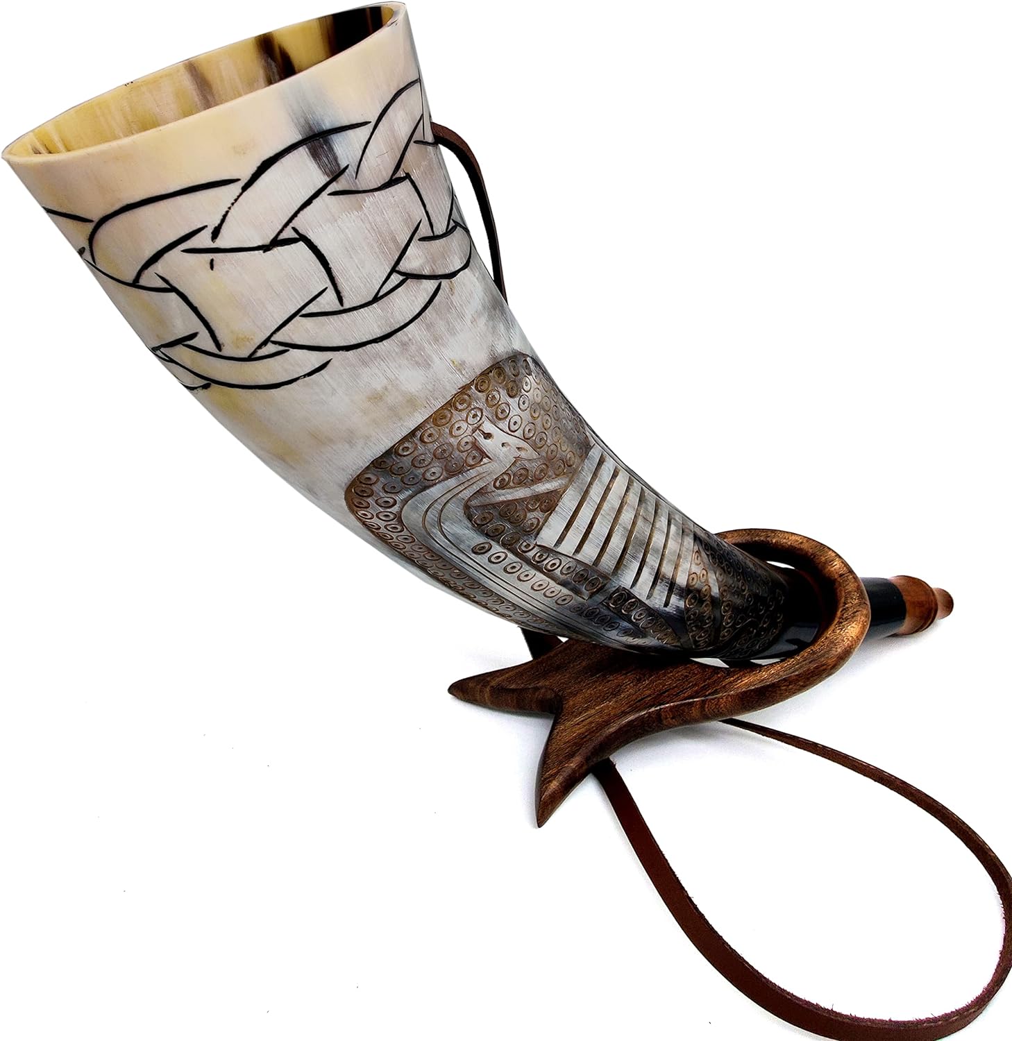 Viking War Horn - 16" Genuine Ox-Horn Battle Trumpet - Premium Hand Engraved Boat Horn - Norse Cattle Ancient Horn Bugle - Hunting Tool with Wooden Stand