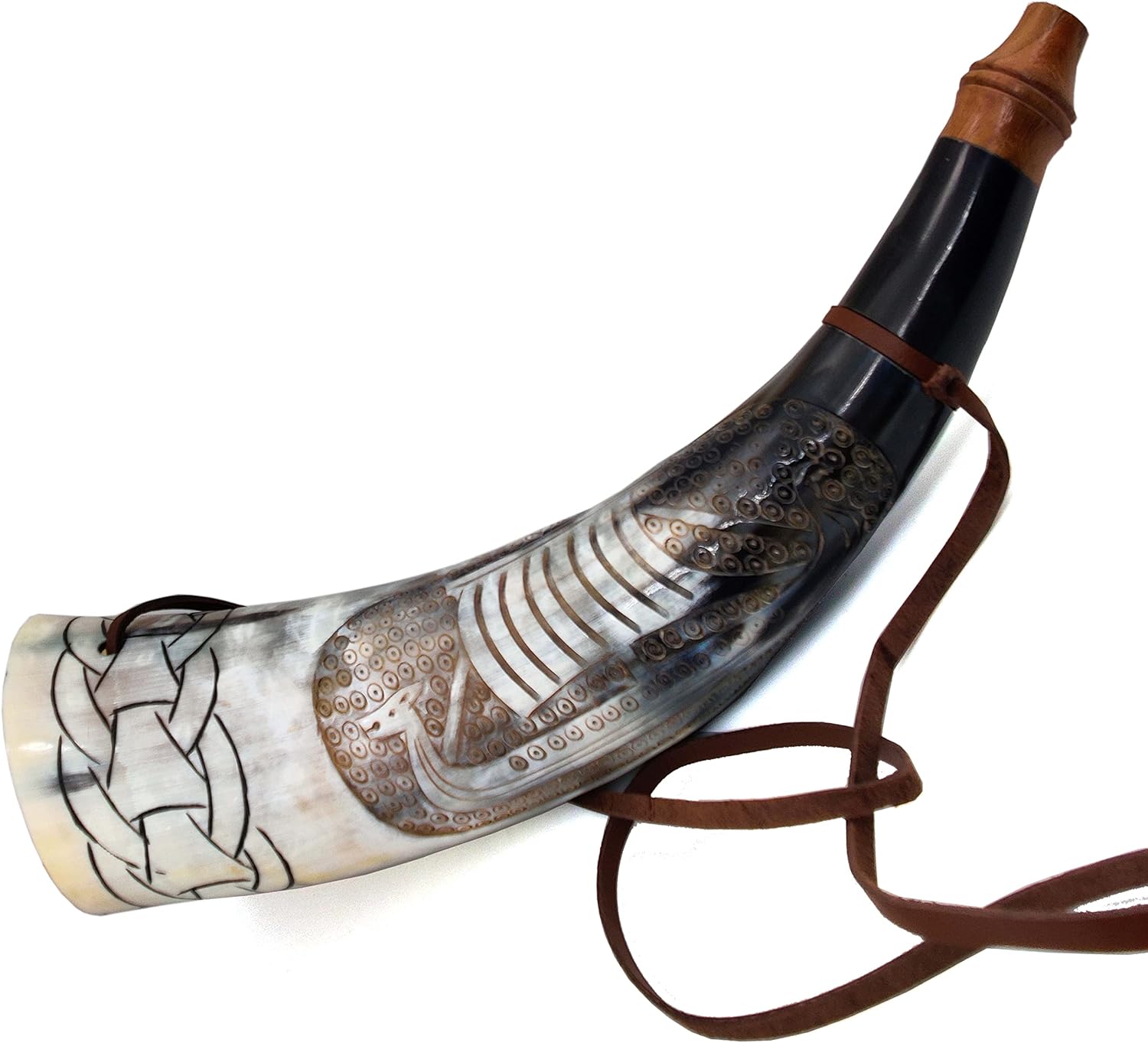 Viking War Horn - 16" Genuine Ox-Horn Battle Trumpet - Premium Hand Engraved Boat Horn - Norse Cattle Ancient Horn Bugle - Hunting Tool with Wooden Stand - Image 2