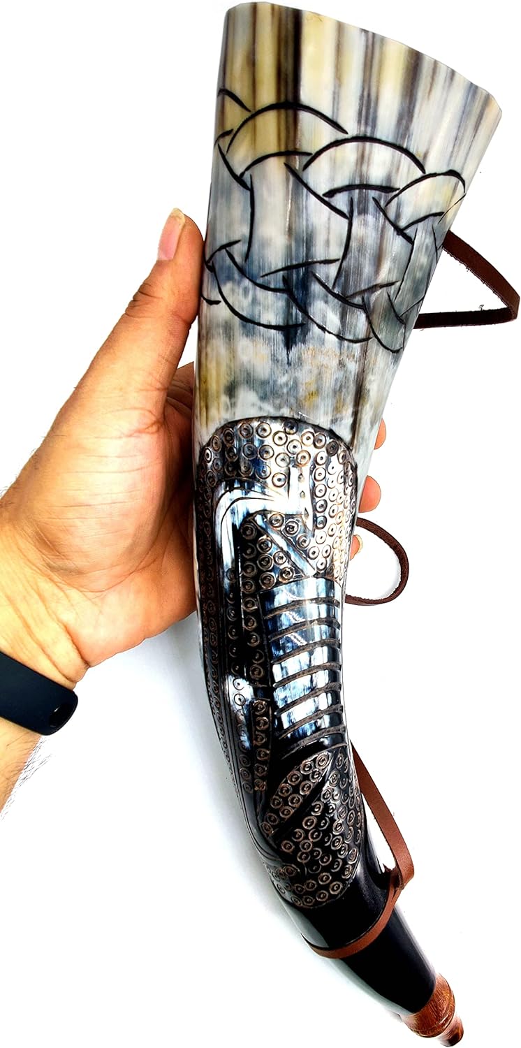 Viking War Horn - 16" Genuine Ox-Horn Battle Trumpet - Premium Hand Engraved Boat Horn - Norse Cattle Ancient Horn Bugle - Hunting Tool with Wooden Stand - Image 3
