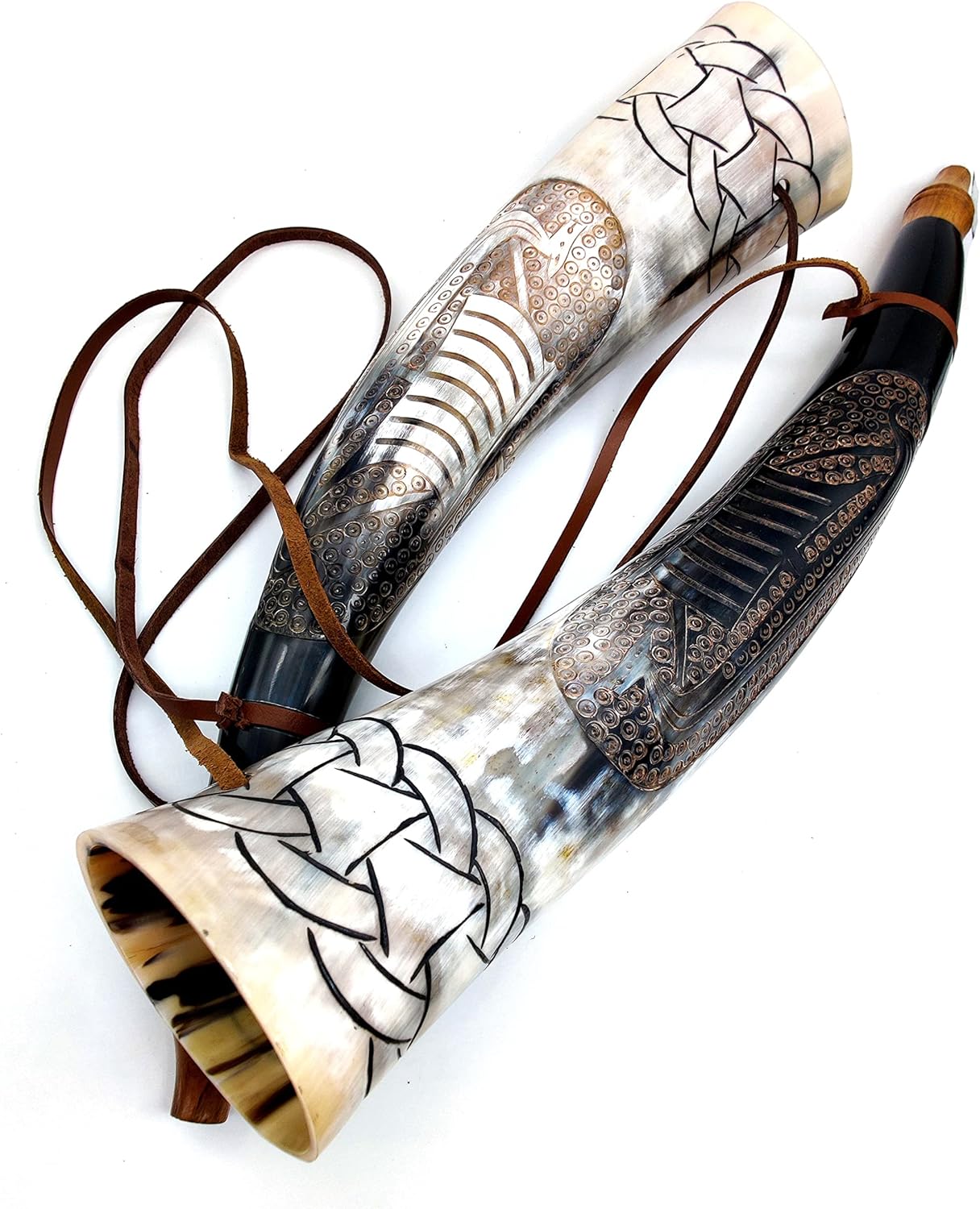 Viking War Horn - 16" Genuine Ox-Horn Battle Trumpet - Premium Hand Engraved Boat Horn - Norse Cattle Ancient Horn Bugle - Hunting Tool with Wooden Stand - Image 4