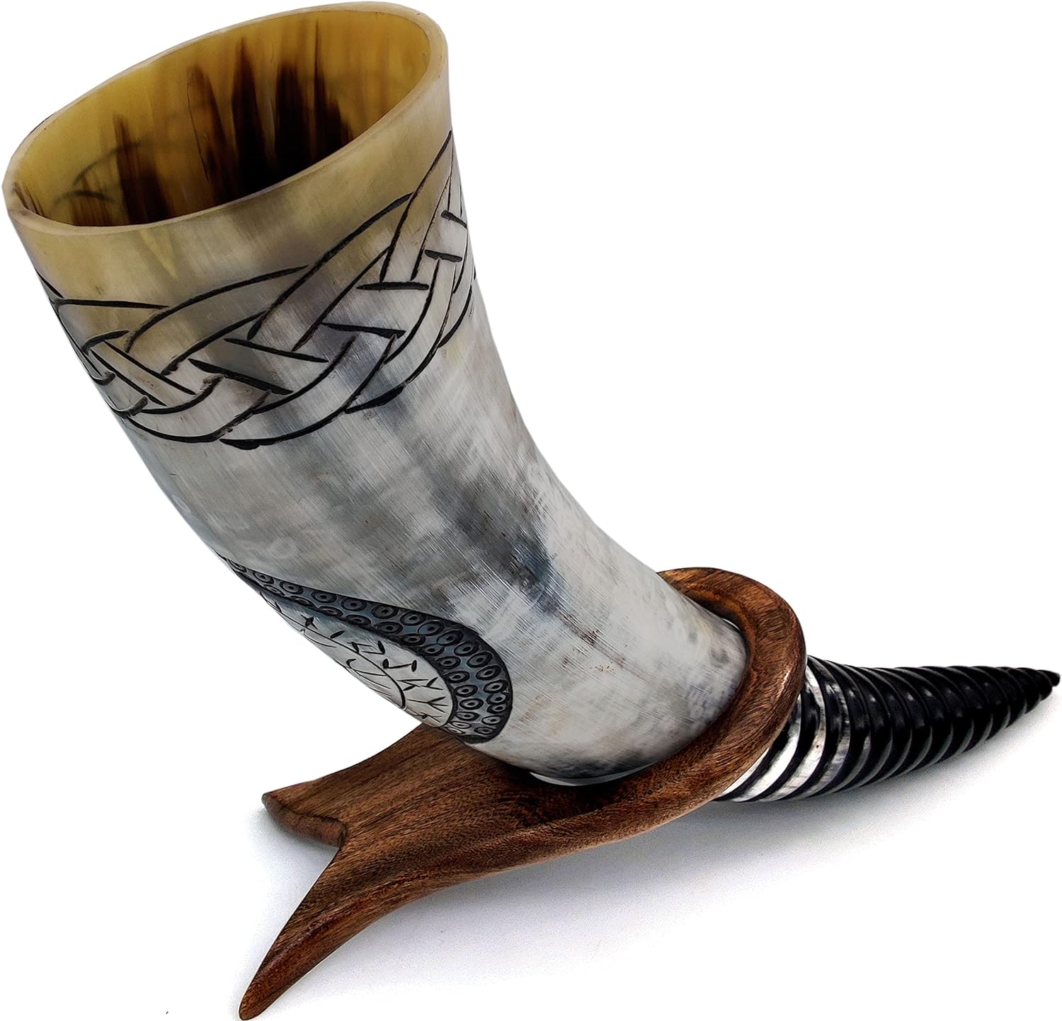 Viking Compass Inspired Hand Engraved Ox-Horn Drinking Horn - Authentic Handmade with Solid Wood Stand - Medieval Norse Style - 16-Inch