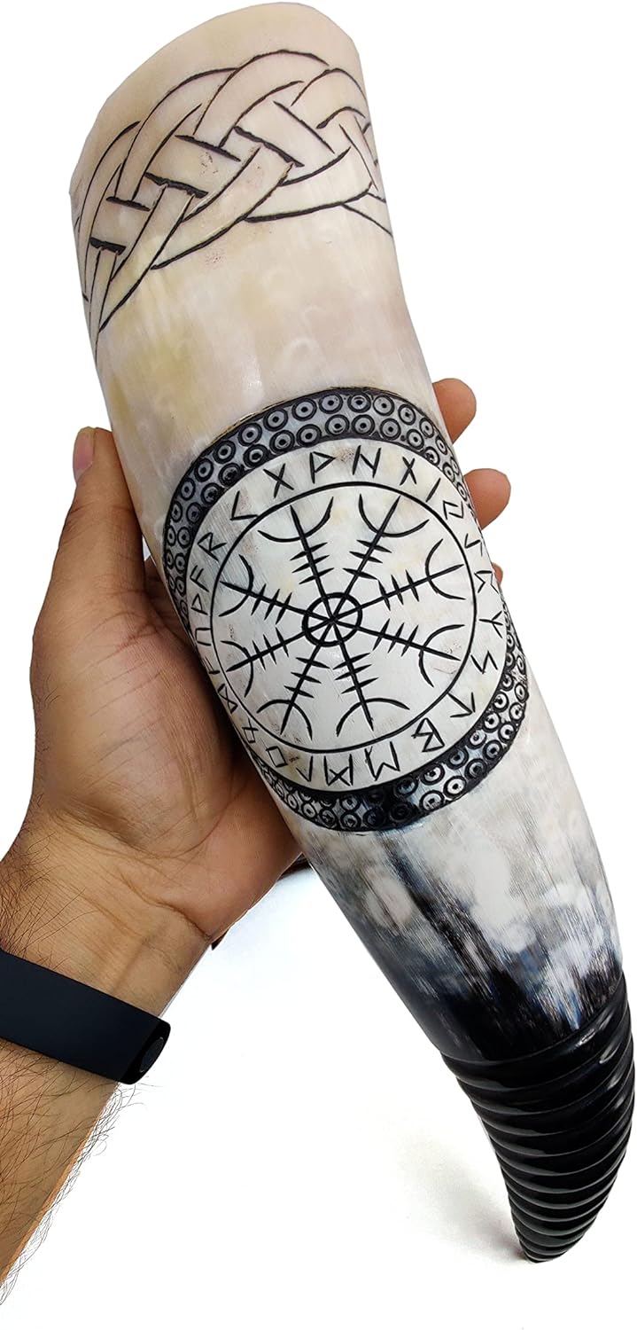 Viking Compass Inspired Hand Engraved Ox-Horn Drinking Horn - Authentic Handmade with Solid Wood Stand - Medieval Norse Style - 16-Inch - Image 2
