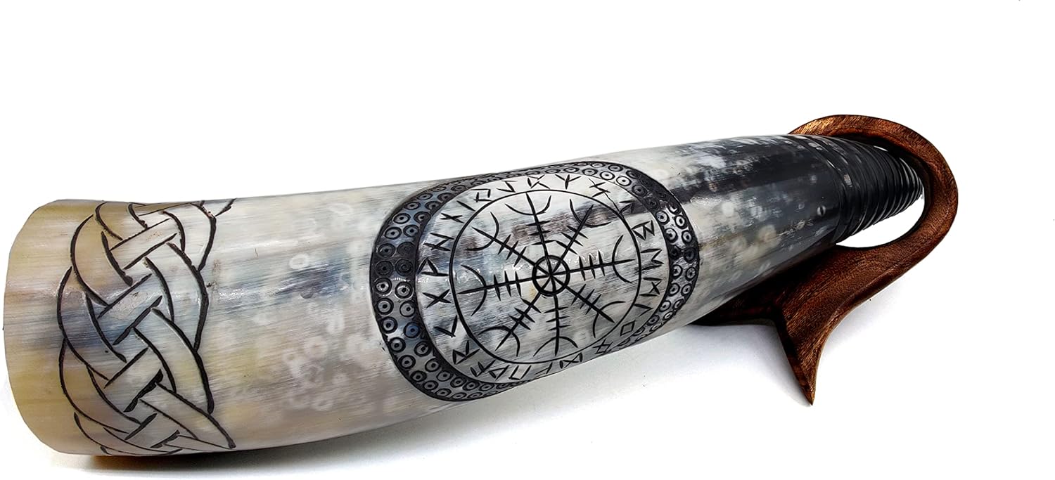 Viking Compass Inspired Hand Engraved Ox-Horn Drinking Horn - Authentic Handmade with Solid Wood Stand - Medieval Norse Style - 16-Inch - Image 3