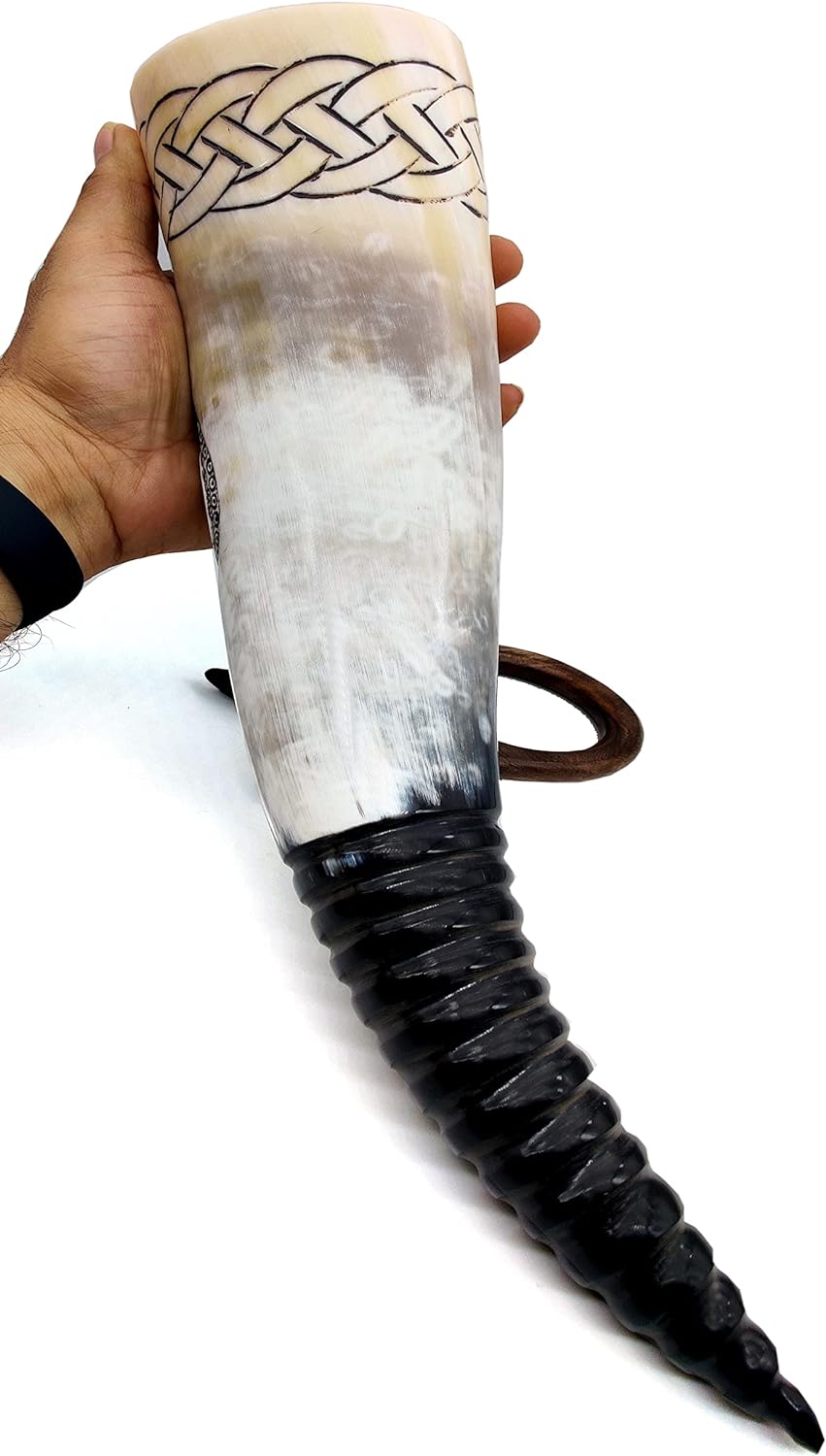 Viking Compass Inspired Hand Engraved Ox-Horn Drinking Horn - Authentic Handmade with Solid Wood Stand - Medieval Norse Style - 16-Inch - Image 4