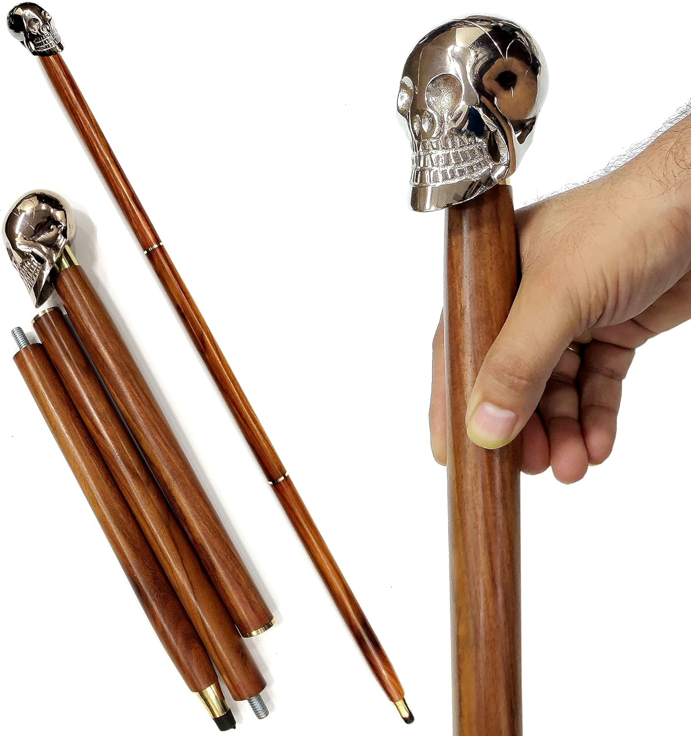 Skull Design Brass Head Walking Stick - Rosewood Crafted - Decorative Brass Bars - Vintage Gift for Men