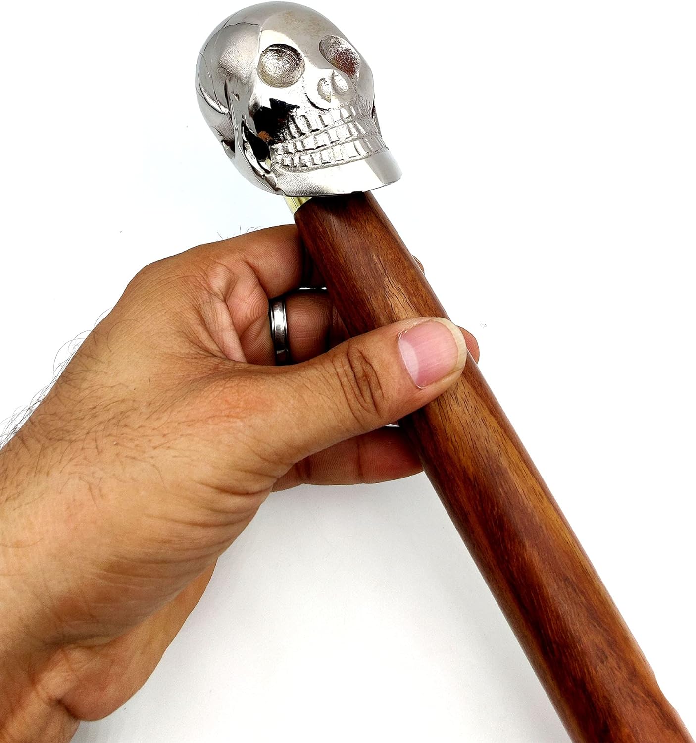 Skull Design Brass Head Walking Stick - Rosewood Crafted - Decorative Brass Bars - Vintage Gift for Men - Image 2