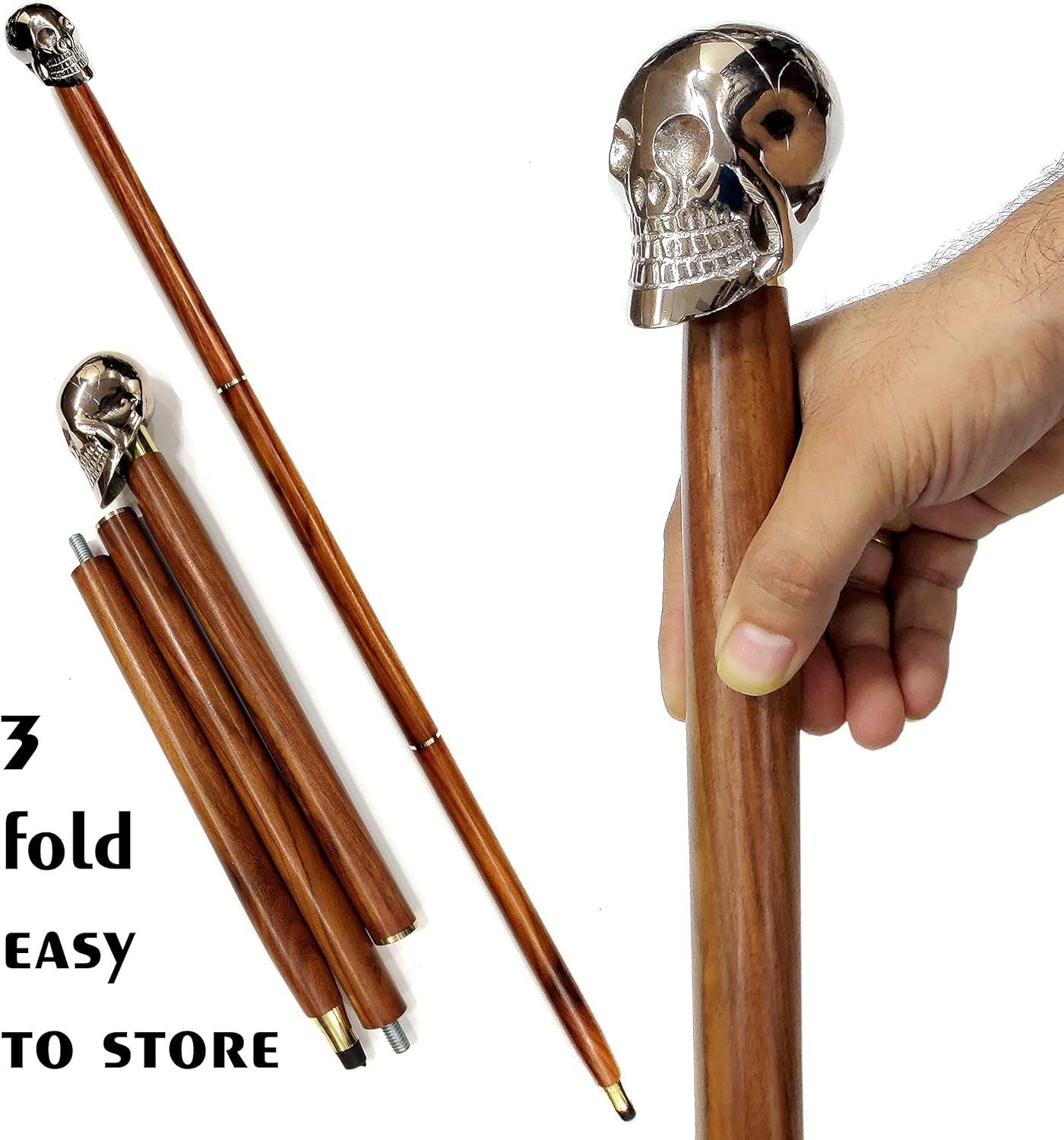 Skull Design Brass Head Walking Stick - Rosewood Crafted - Decorative Brass Bars - Vintage Gift for Men - Image 4