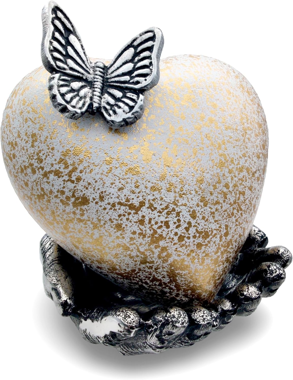 White & Gold Heart Keepsake Urn - Large Size with Hand Shape Stand - Hand Painted and Engraved Butterfly Design