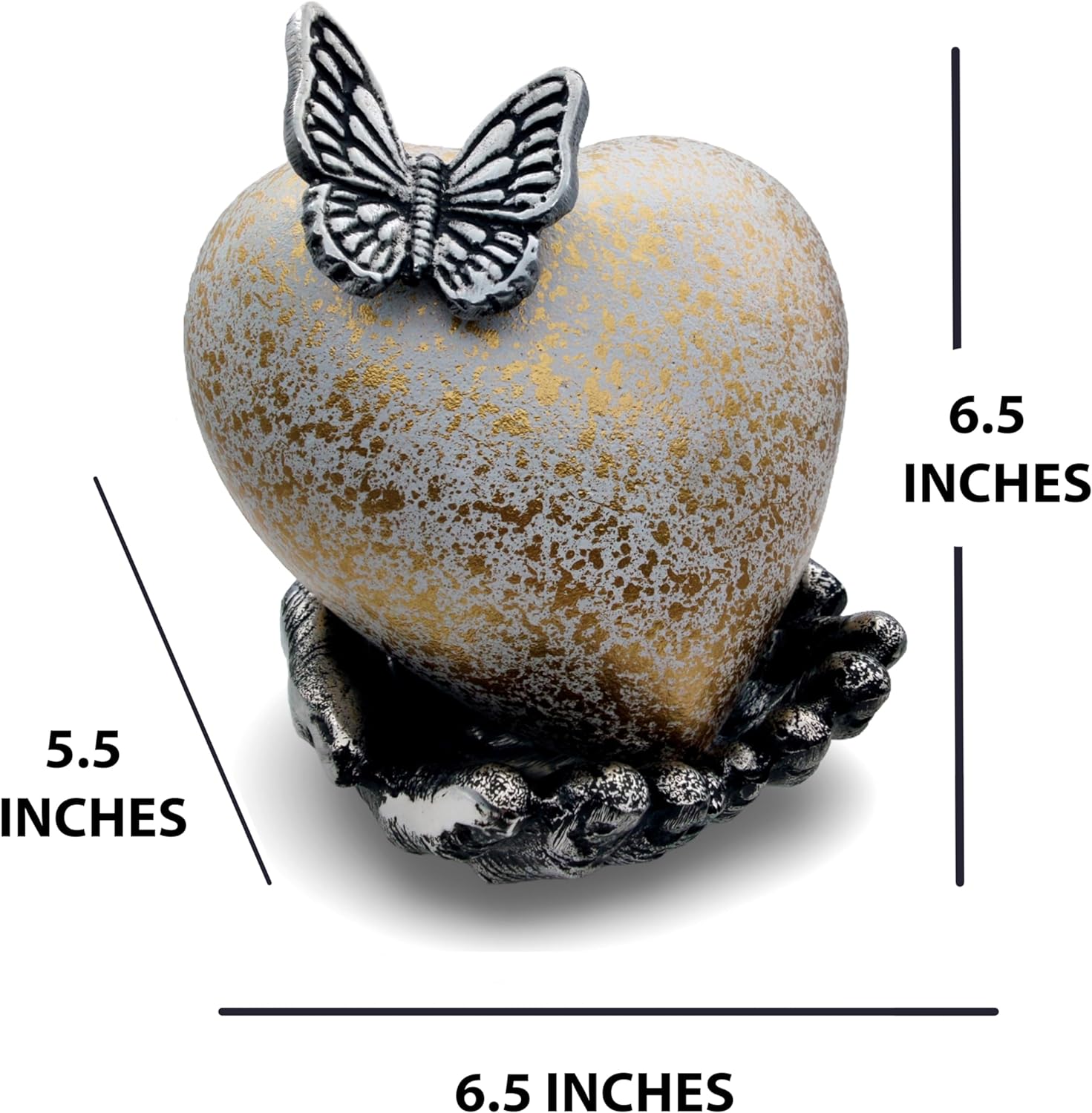 White & Gold Heart Keepsake Urn - Large Size with Hand Shape Stand - Hand Painted and Engraved Butterfly Design - Image 4