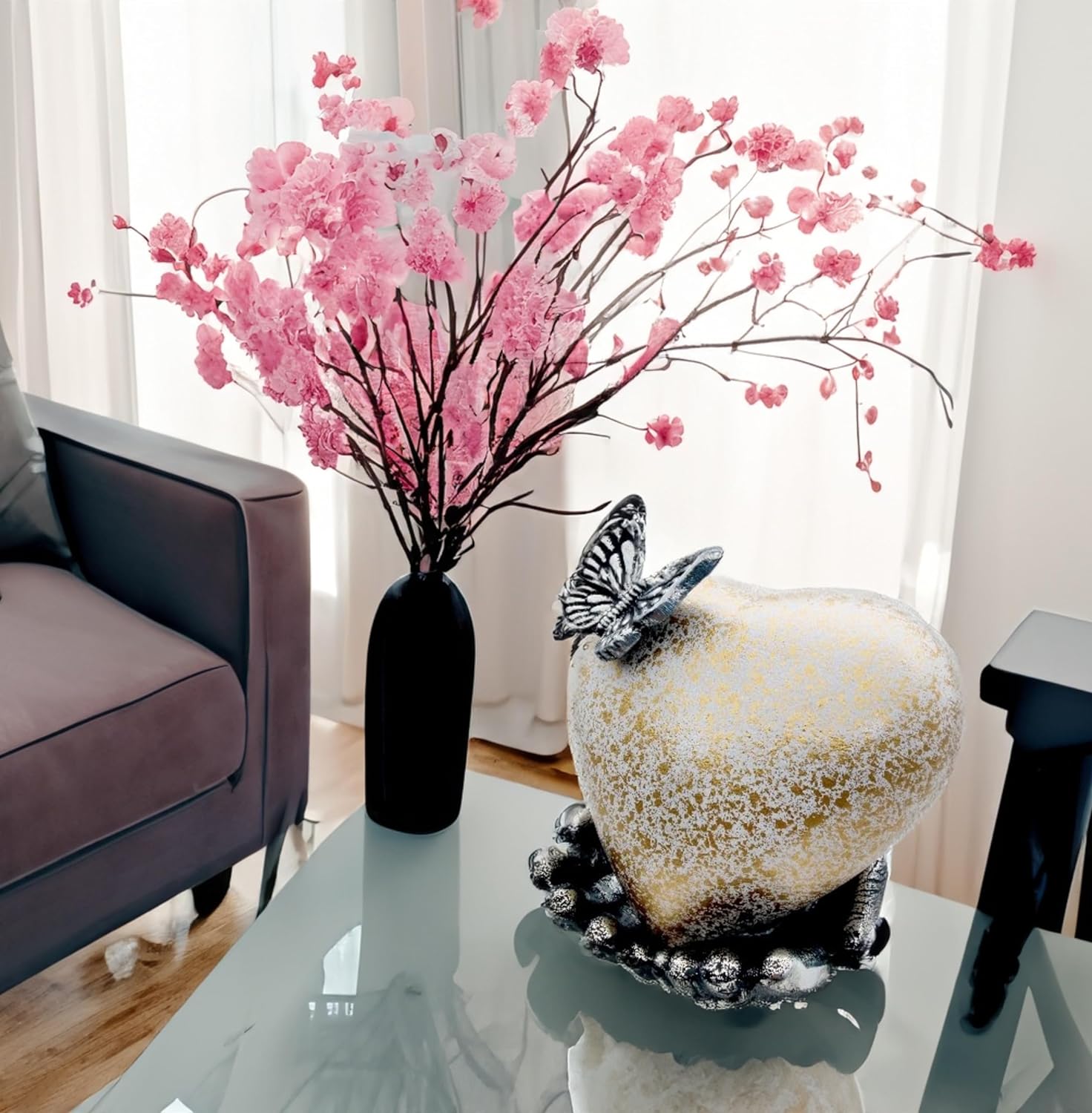 White & Gold Heart Keepsake Urn - Large Size with Hand Shape Stand - Hand Painted and Engraved Butterfly Design - Image 3