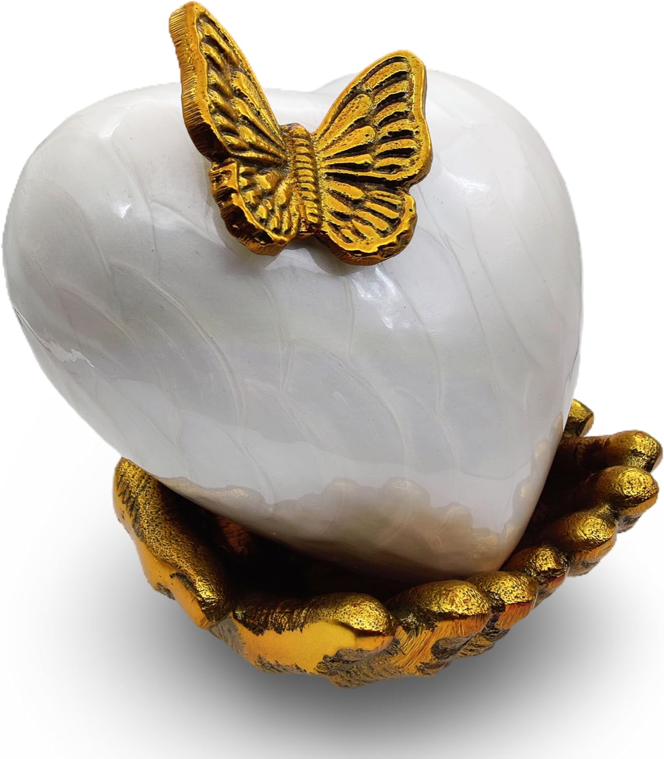 White & Gold Heart Keepsake Urn - Large Size with Hand-Shaped Stand - Hand Painted Butterfly Design