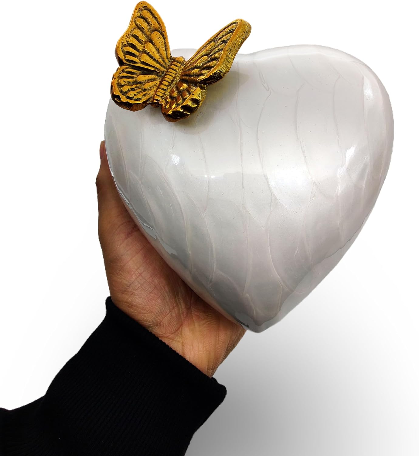 White & Gold Heart Keepsake Urn - Large Size with Hand-Shaped Stand - Hand Painted Butterfly Design - Image 2