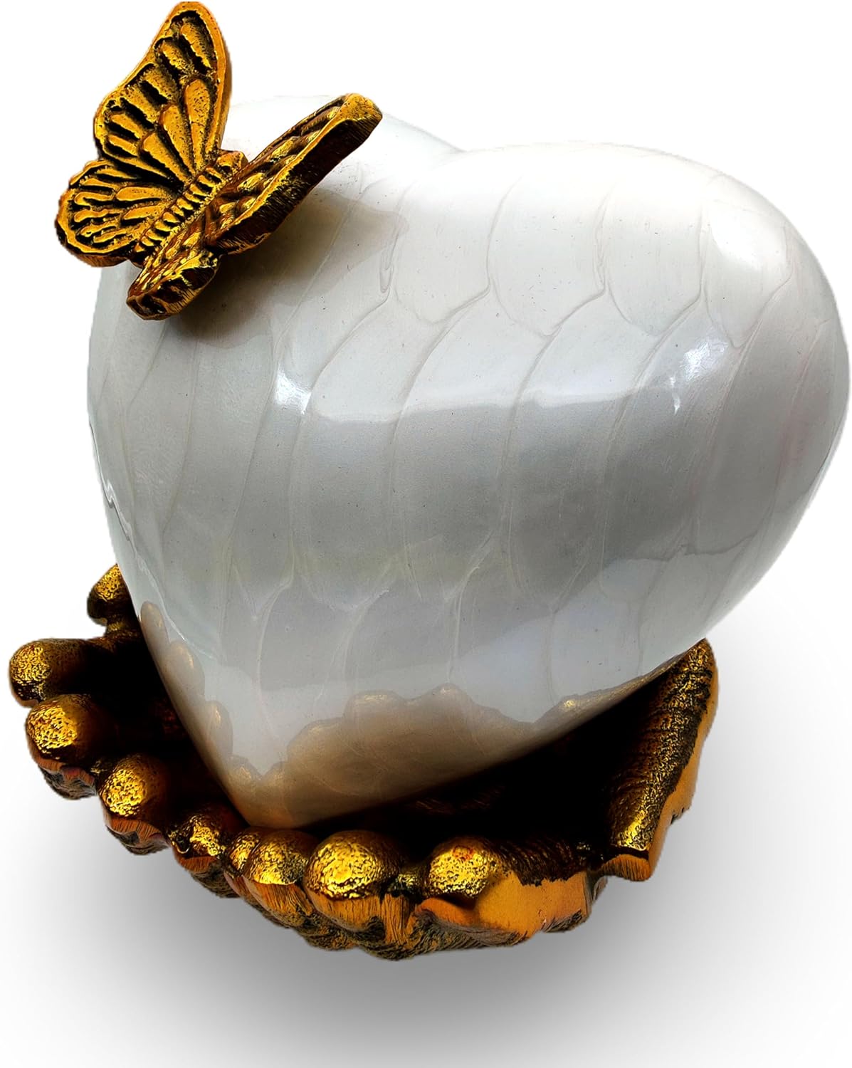 White & Gold Heart Keepsake Urn - Large Size with Hand-Shaped Stand - Hand Painted Butterfly Design - Image 3