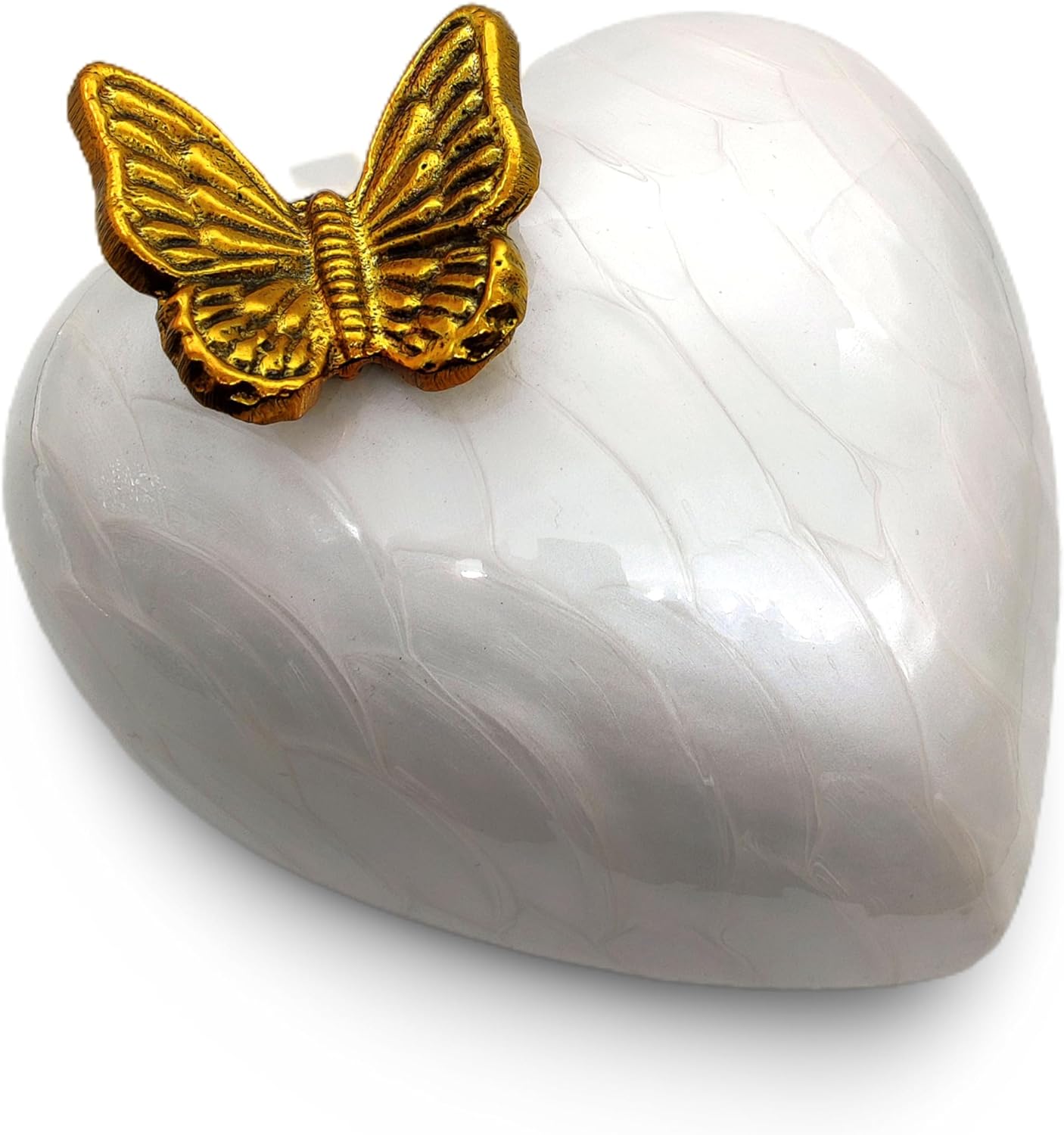 White & Gold Heart Keepsake Urn - Large Size with Hand-Shaped Stand - Hand Painted Butterfly Design - Image 4