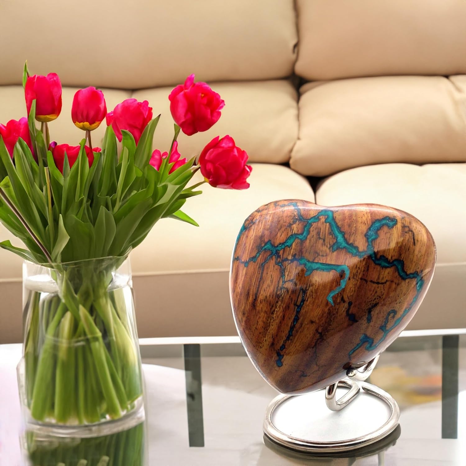 Wooden Blue Heart Keepsake Urn for Adults | Handcrafted Urn for Human and Pet Ashes | Includes Display Stand - Image 4