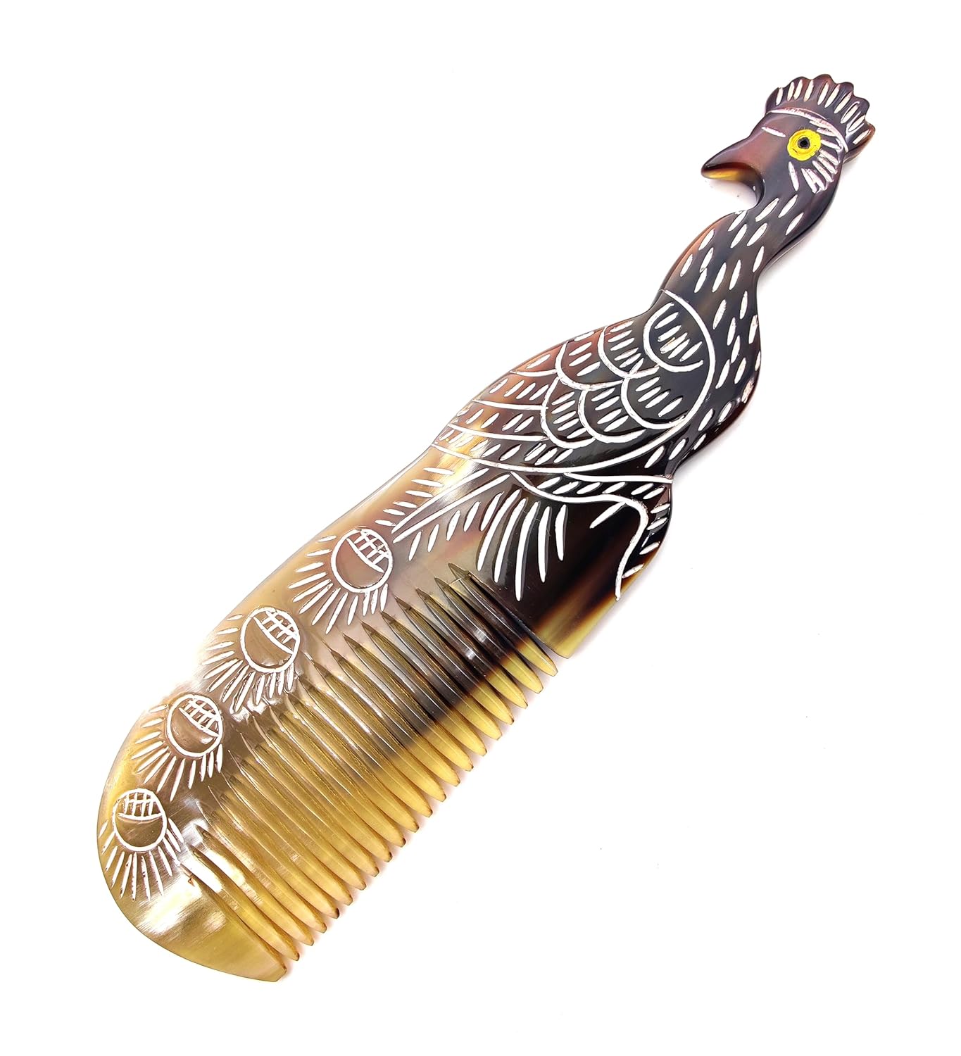 Ox Peacock Horn Comb - 100% Handmade Anti-Static Fine Tooth Pocket Comb with Handle, (7 inch)