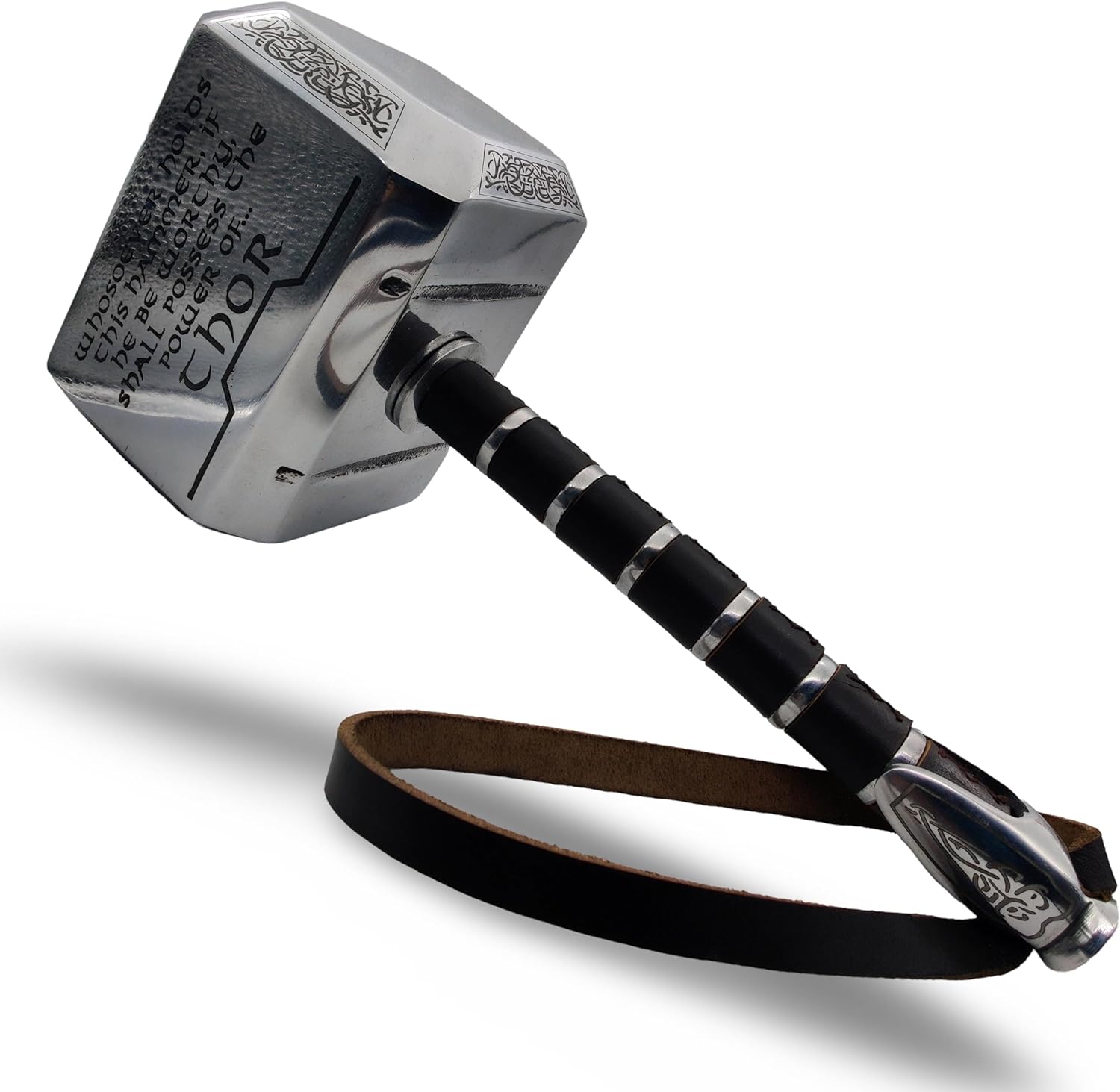 Thor’s Hammer Mjolnir with Odin Engraving – 15" Metal Collectible, Leather Wrapped Handle & Display Stand