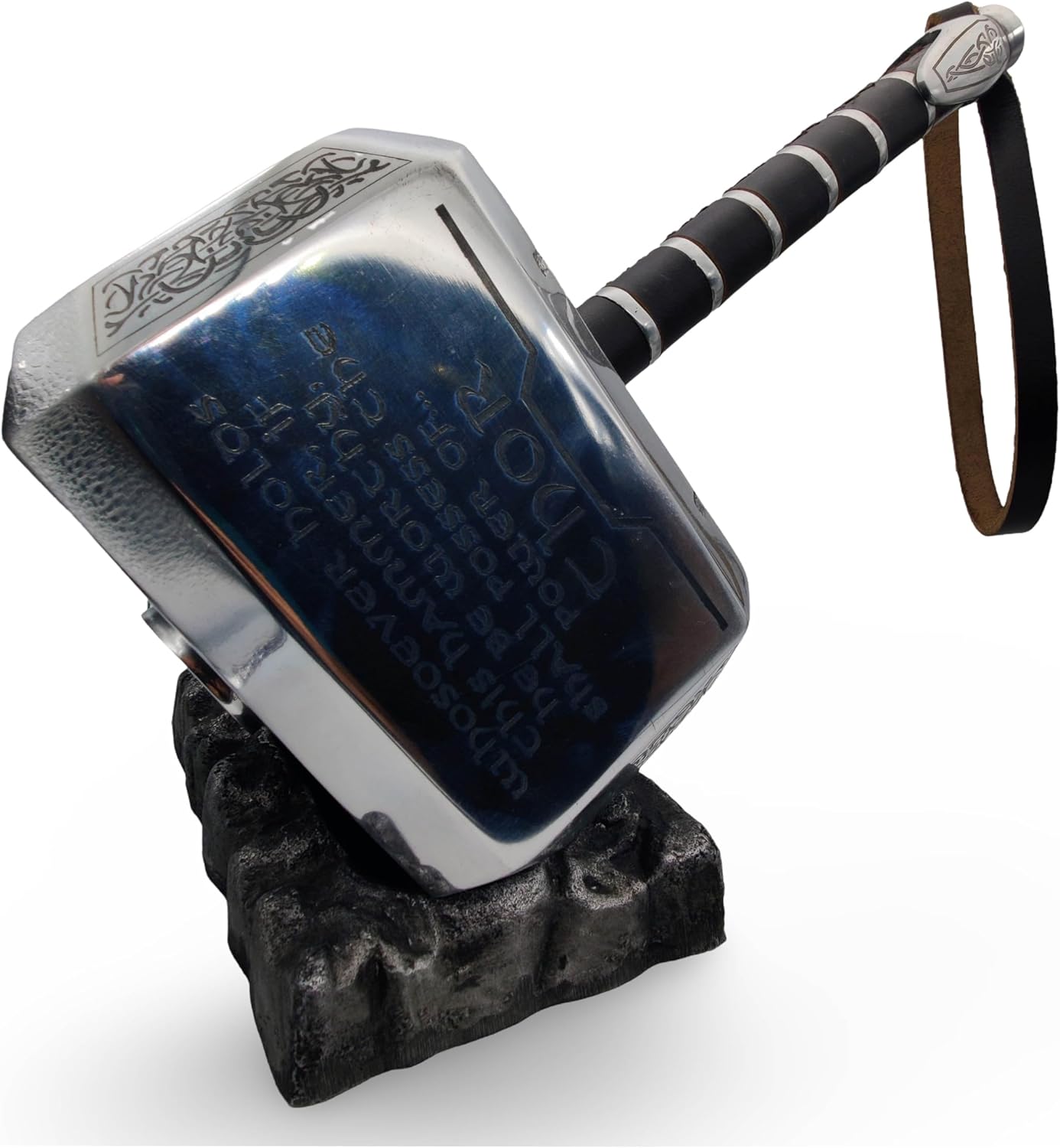 Thor’s Hammer Mjolnir with Odin Engraving – 15" Metal Collectible, Leather Wrapped Handle & Display Stand - Image 5