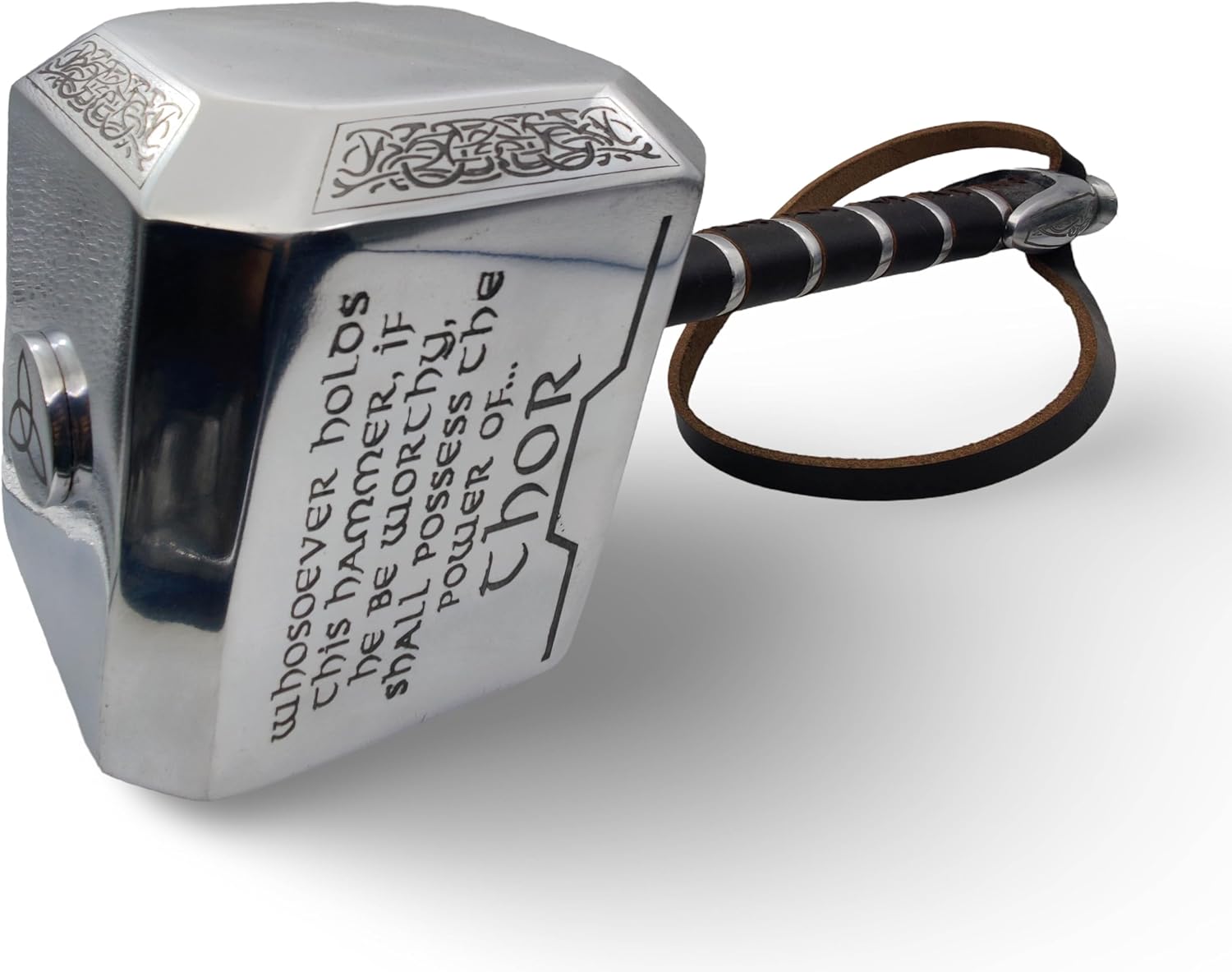 Thor’s Hammer Mjolnir with Odin Engraving – 15" Metal Collectible, Leather Wrapped Handle & Display Stand - Image 2