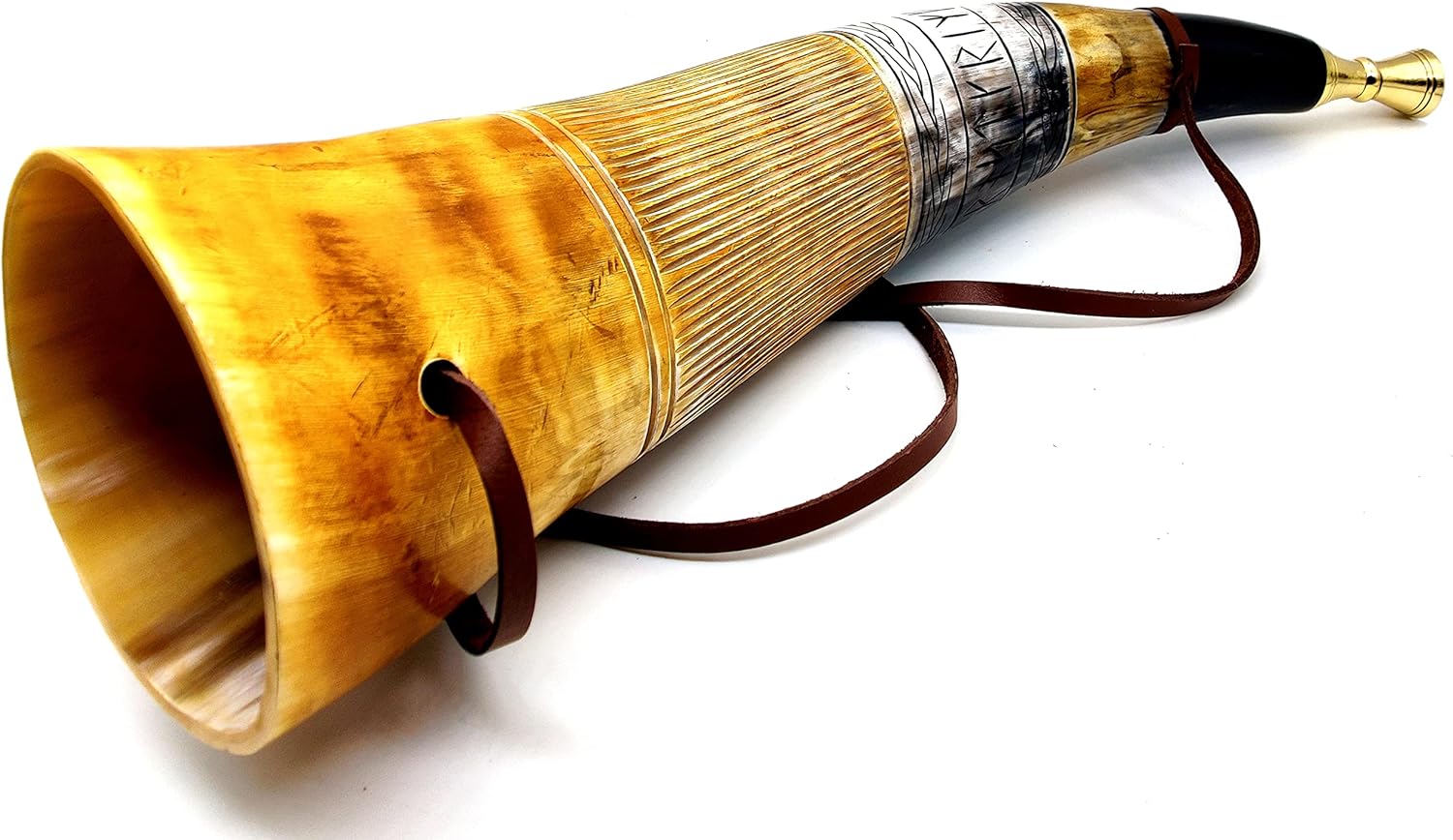 Viking War Horn – Hand-Engraved Genuine Ox-Horn Battle Trumpet with Brass & Wooden Stand, 16" Viking Bugle Horn - Image 2