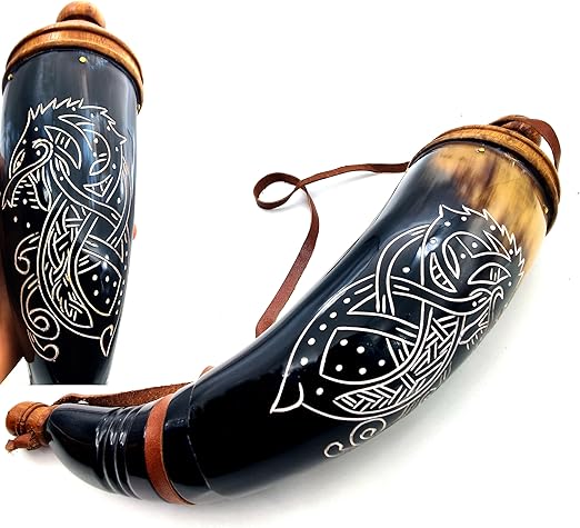 Hand Engraved Gun Powder Horn - 12 to 14 Inches Civil War Re-Enactment Dragon Design with Leather Strap - Image 5