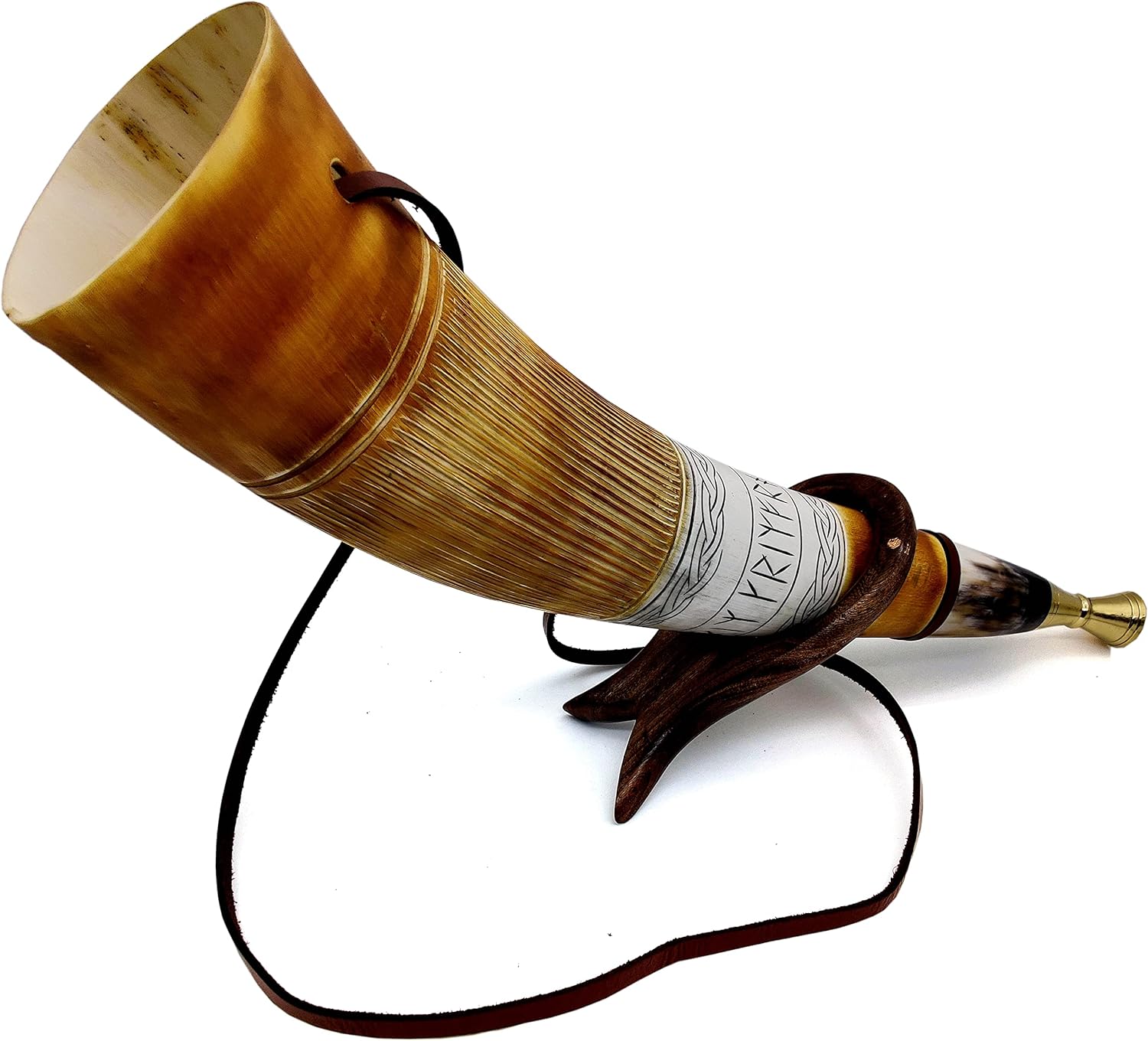 Viking War Horn – Hand-Engraved Genuine Ox-Horn Battle Trumpet with Brass & Wooden Stand, 16" Viking Bugle Horn